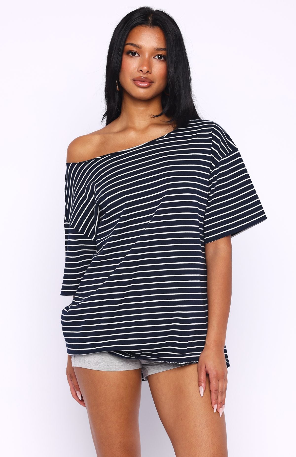 White Fox Give Me Options Off Shoulder Tee Navy/White Stripe
