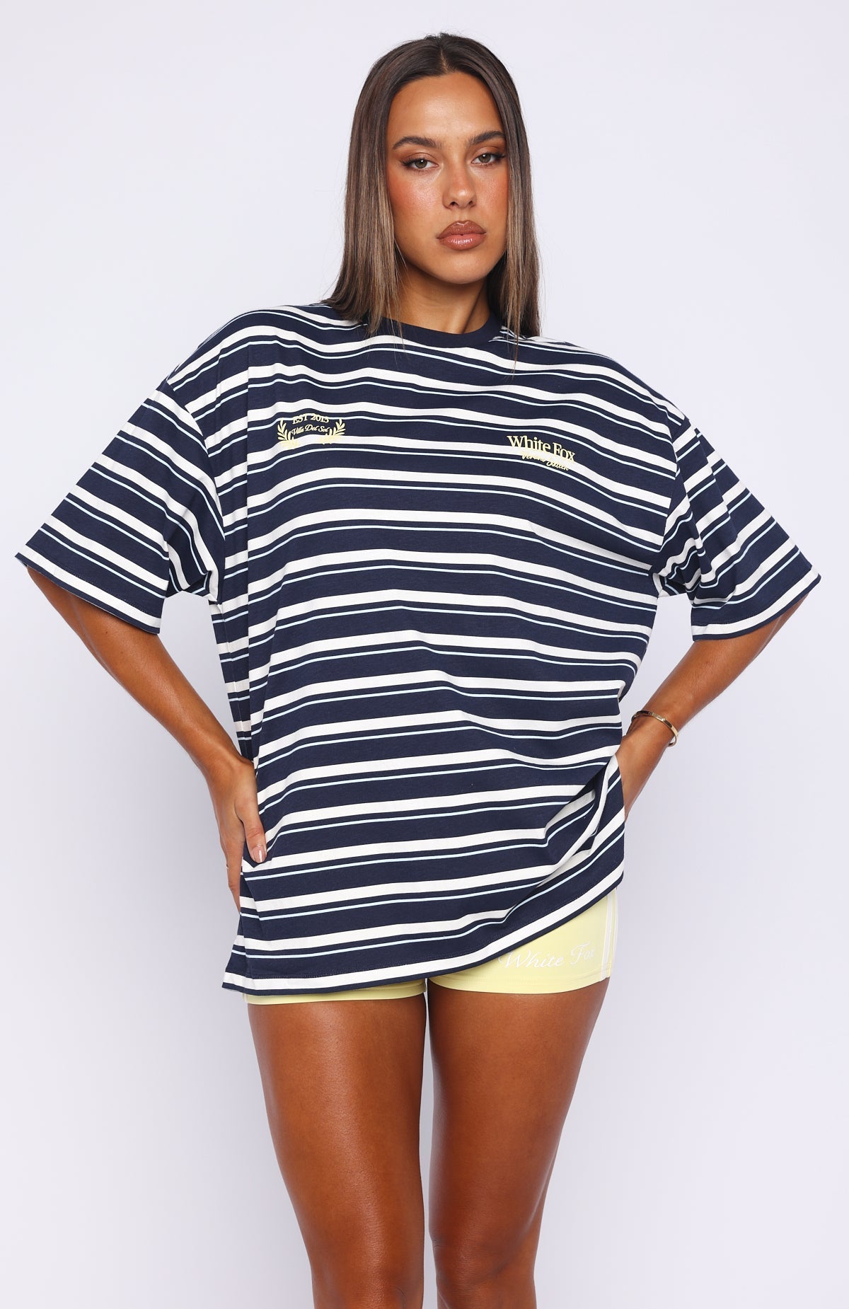 White Fox Verano Sixteen Viola Oversized Tee Navy Stripe