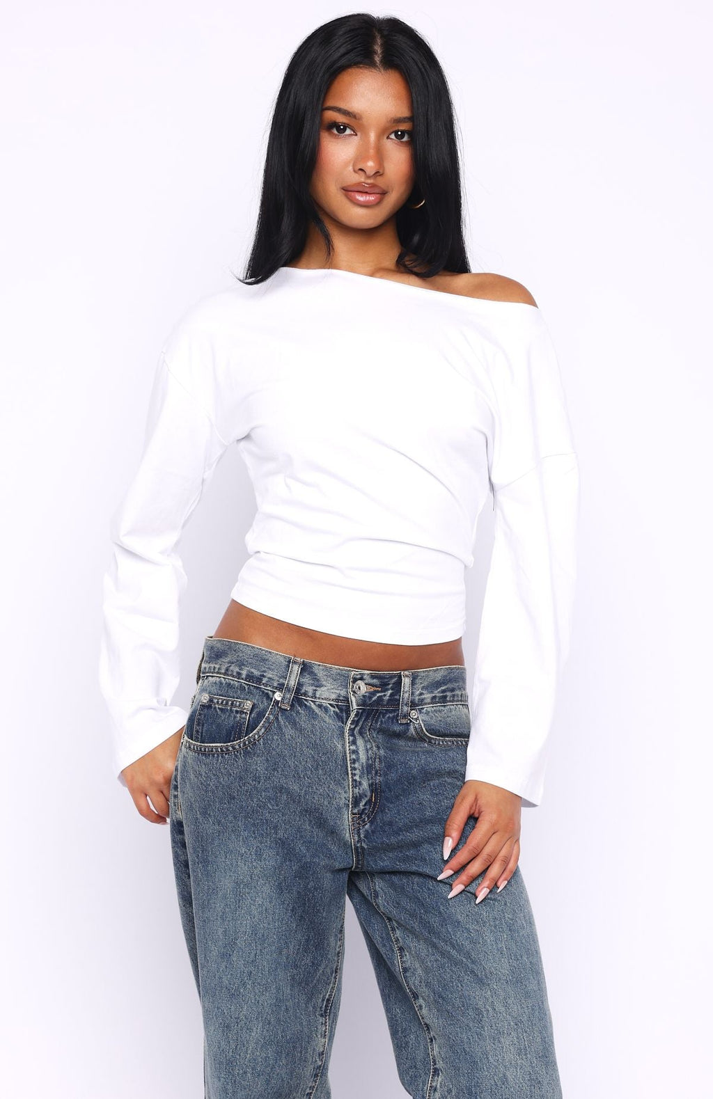 White Fox Falling For Him Cinched Waist Off Shoulder Long Sleeve Top White