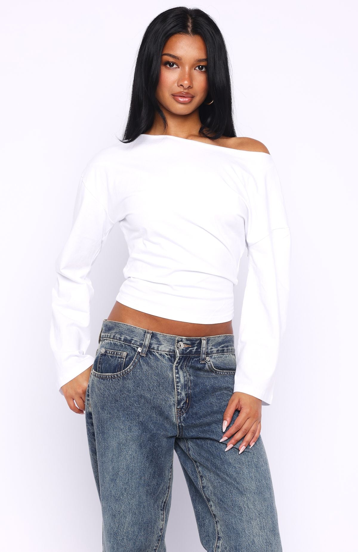 White Fox Falling For Him Cinched Waist Off Shoulder Long Sleeve Top White