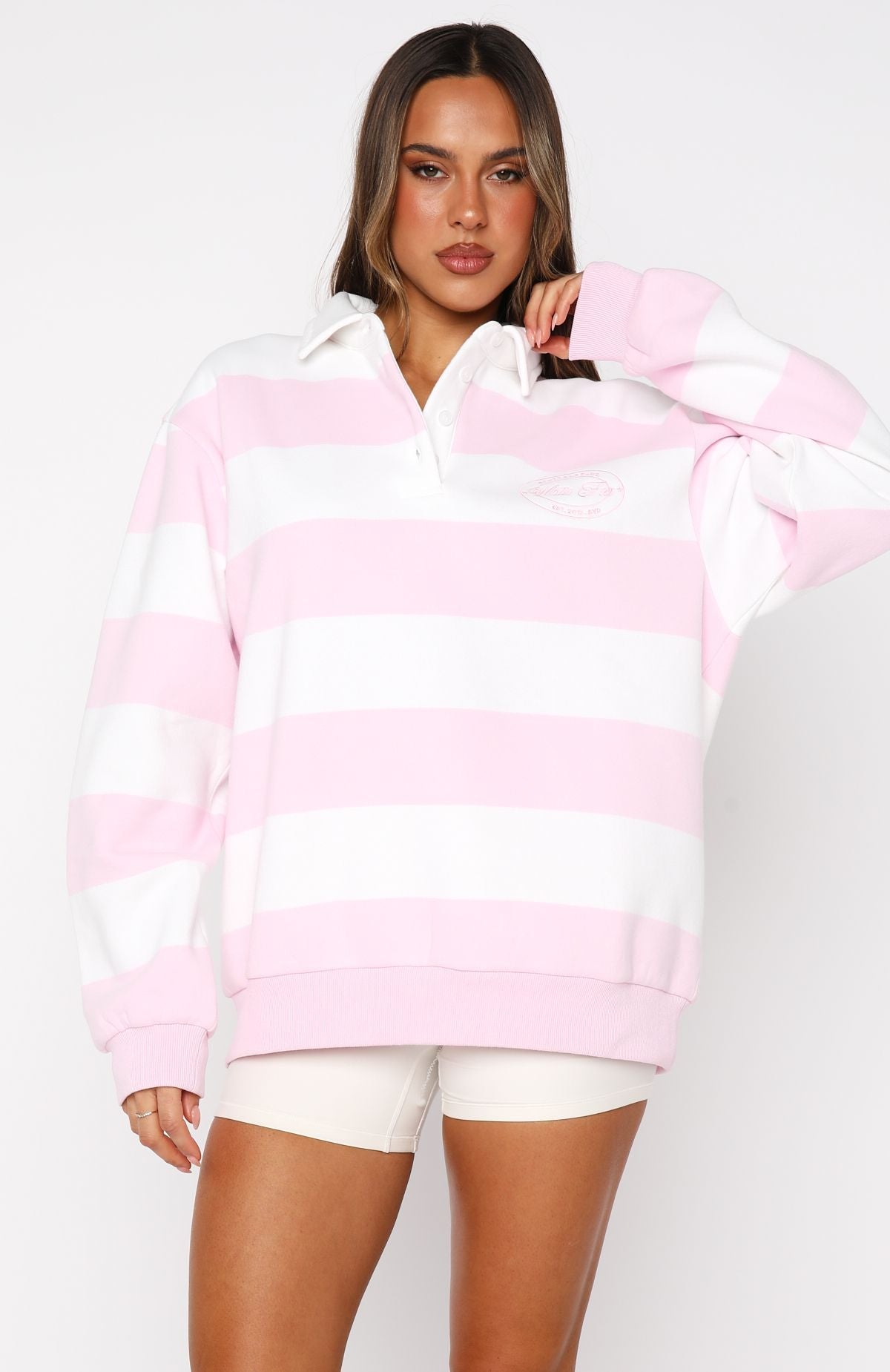 White Fox Moving Fast Oversized Henley Sweater Ballet Pink