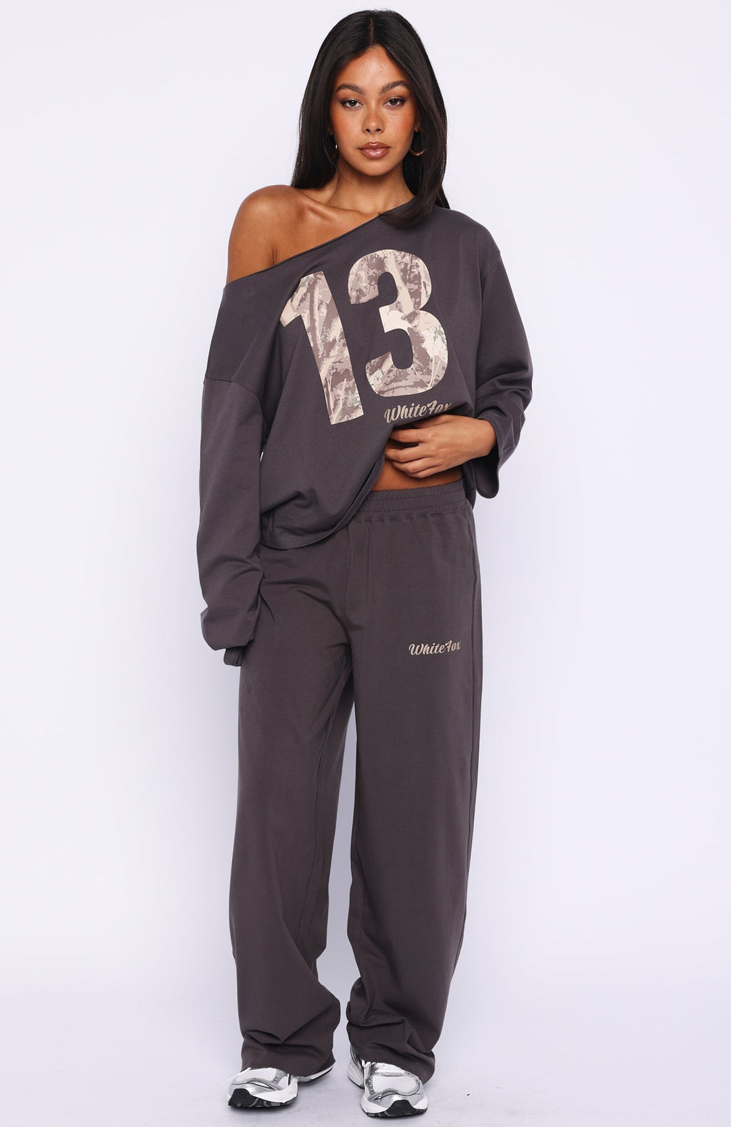 White Fox All A Dream Off Shoulder Oversized Long Sleeve Tee Charcoal