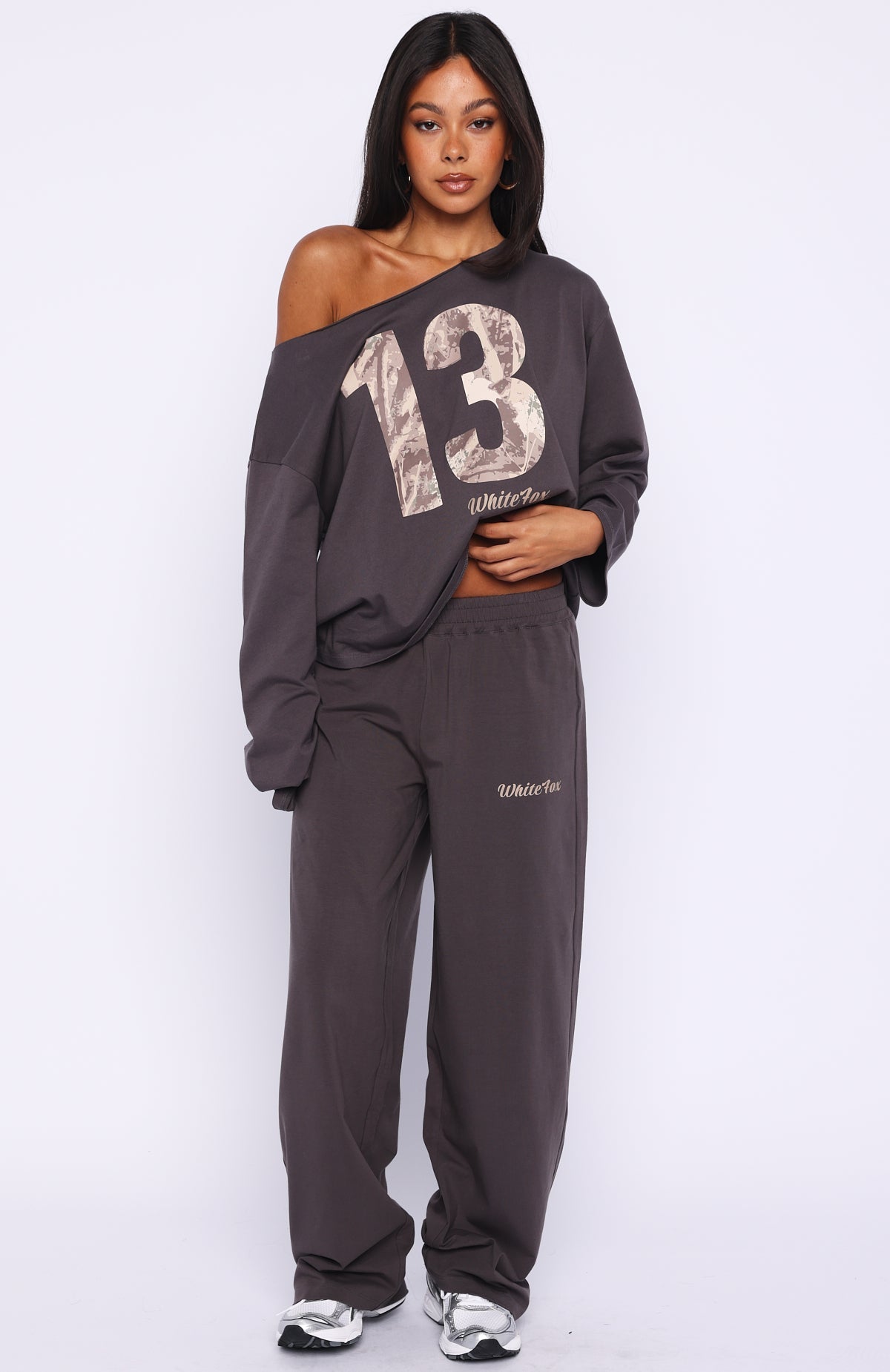 White Fox All A Dream Off Shoulder Oversized Long Sleeve Tee Charcoal