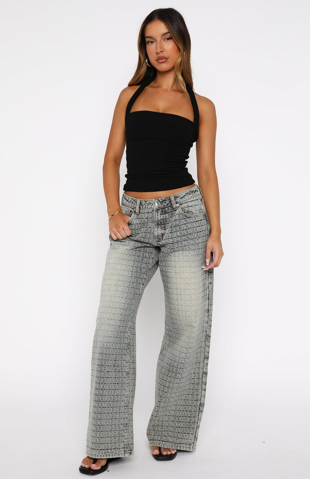 White Fox Text Me Low Rise Wide Leg Jeans Sand