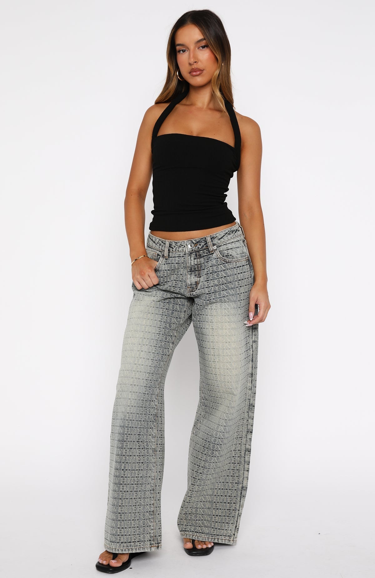 White Fox Text Me Low Rise Wide Leg Jeans Sand