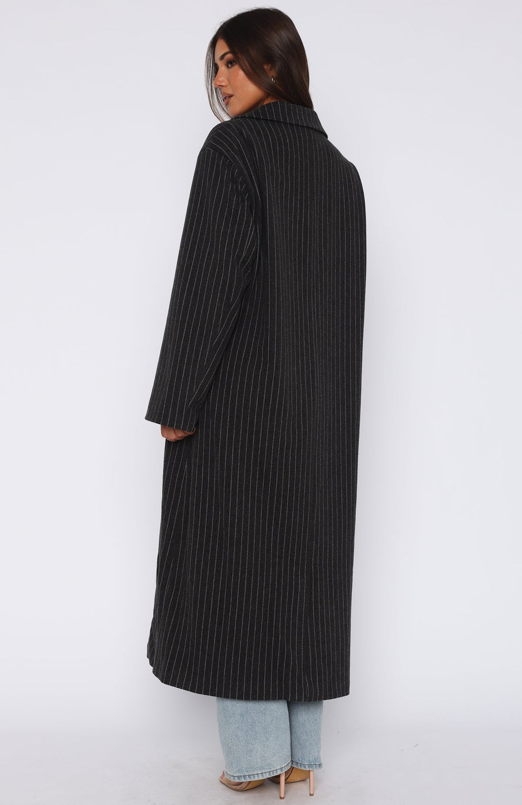 White Fox Walk By Me Oversized Coat Charcoal Pinstripe