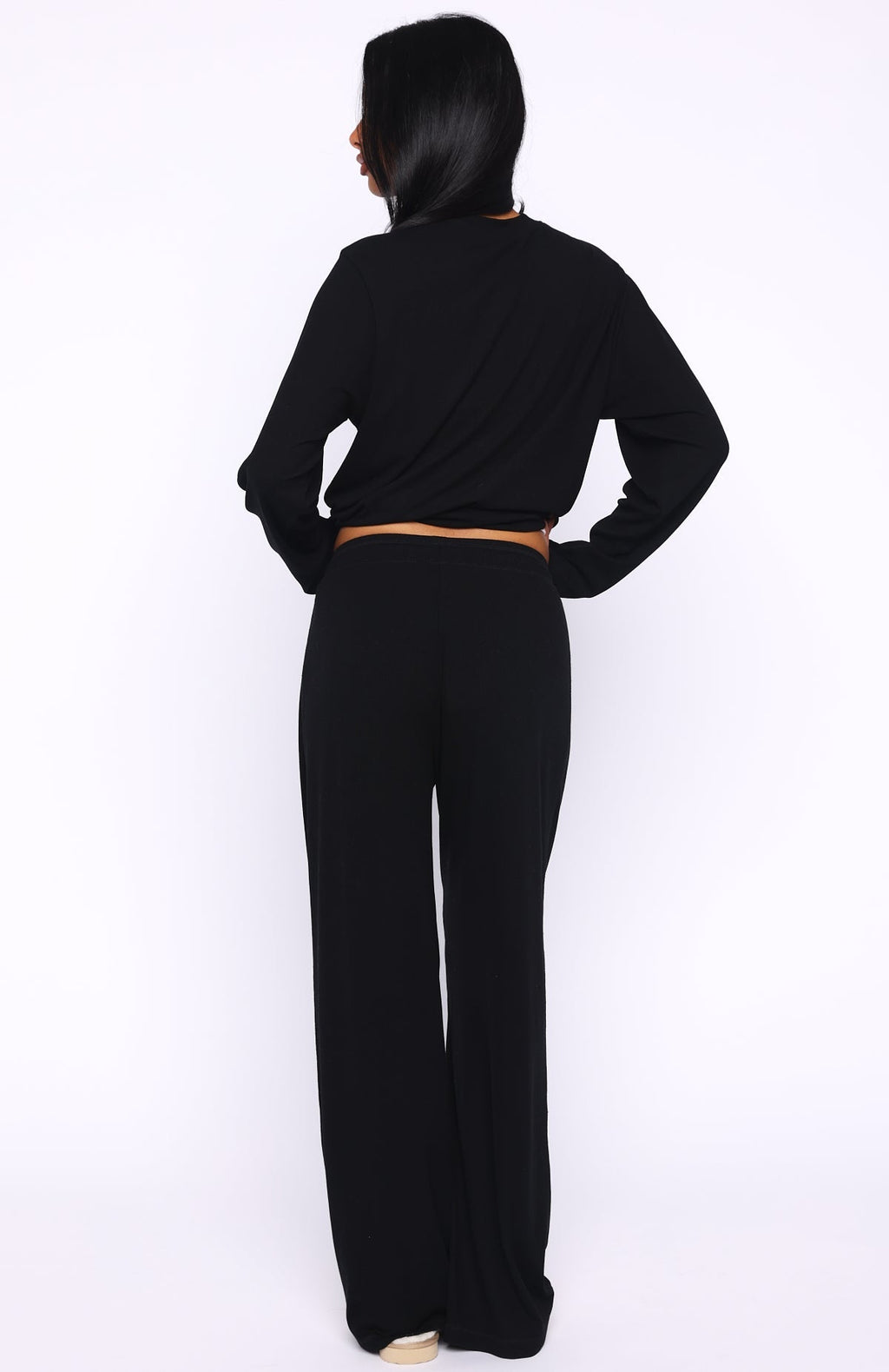White Fox Come A Long Way Soft Lounge Ribbed Wide Leg Pants Black