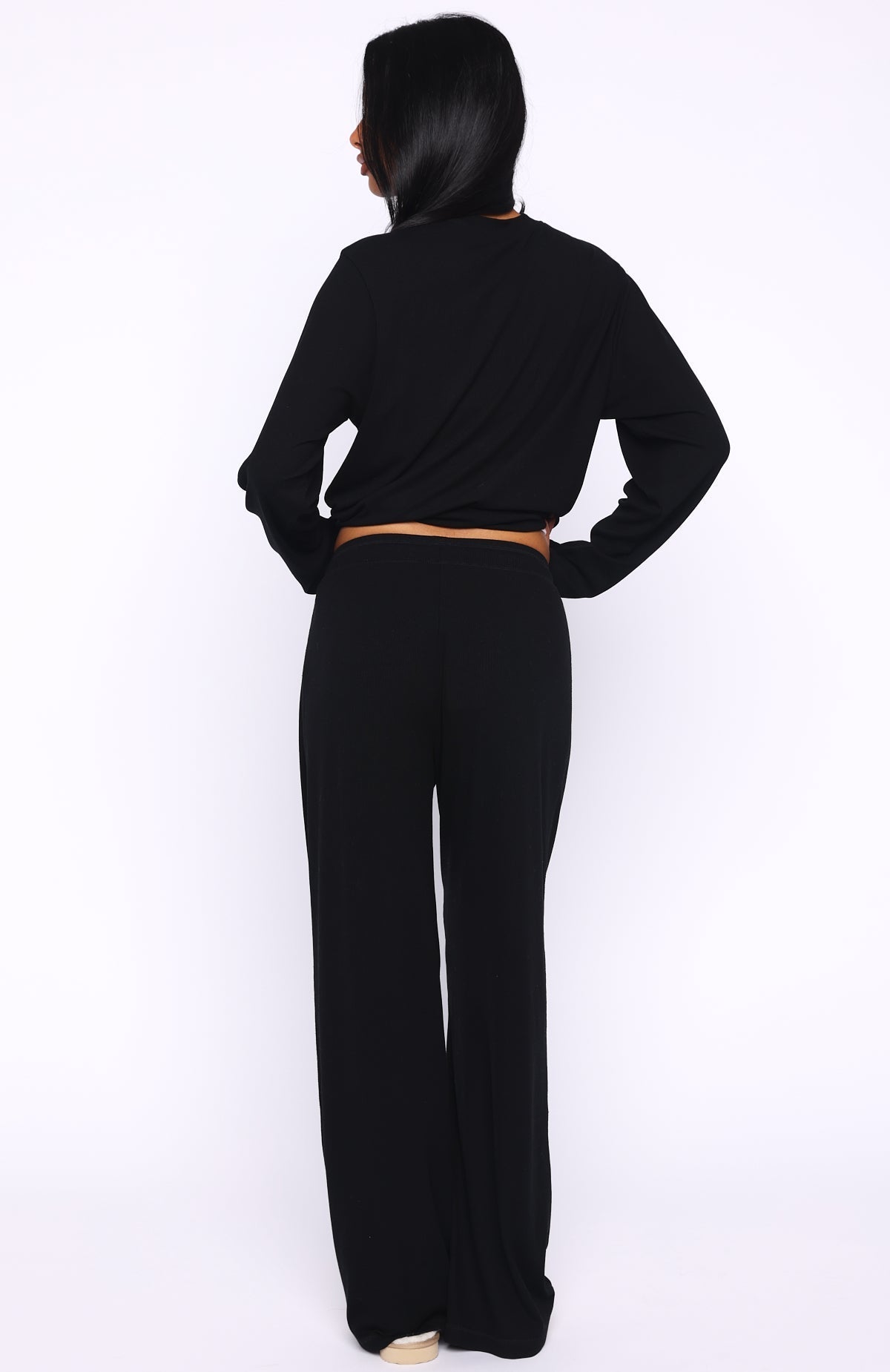 White Fox Come A Long Way Soft Lounge Ribbed Wide Leg Pants Black