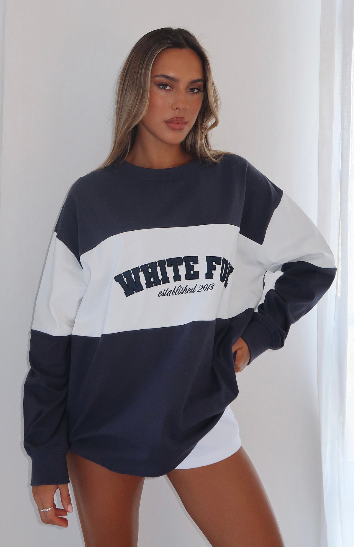 White Fox Need You More Long Sleeve Oversized Tee Navy
