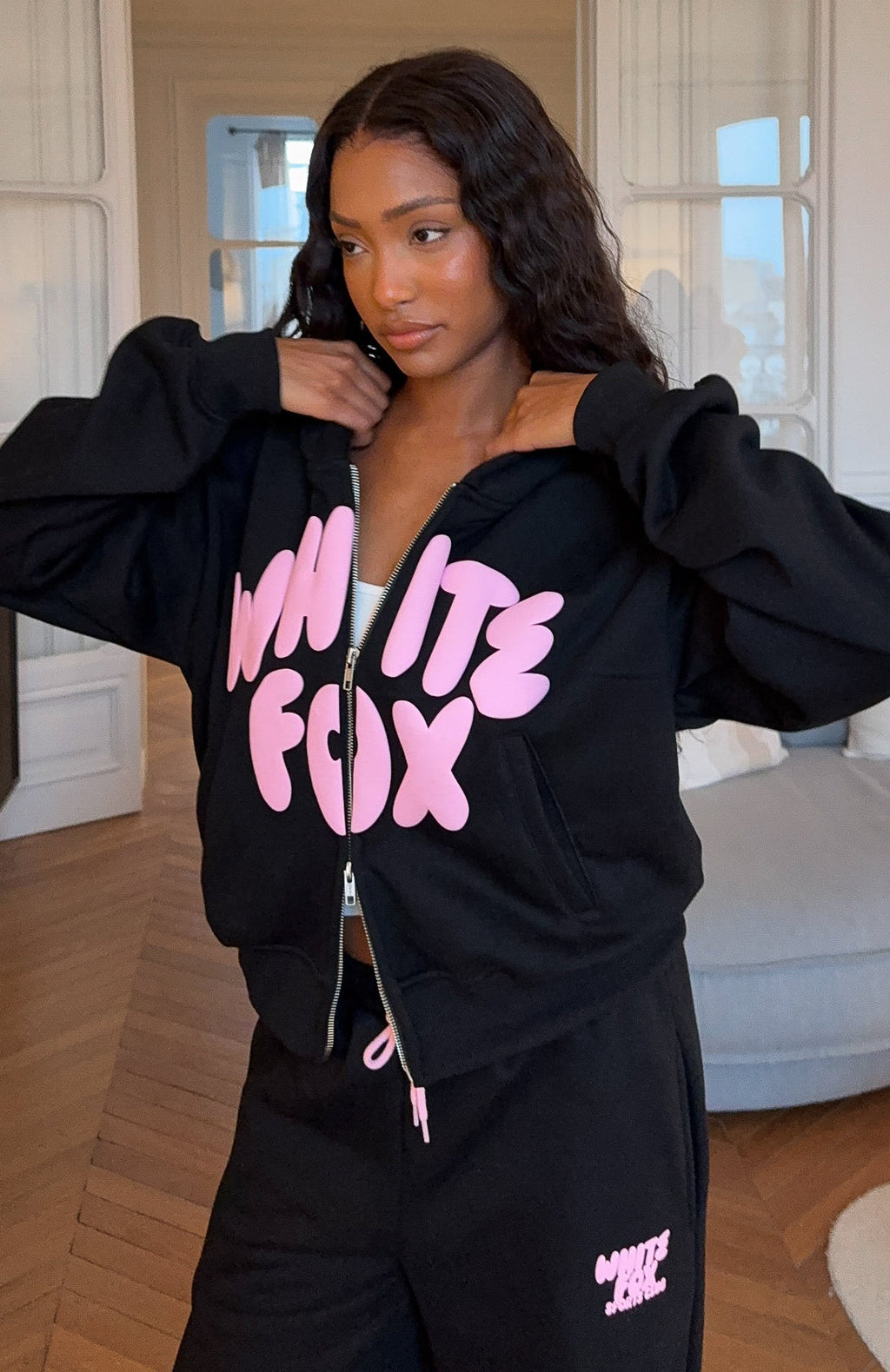 White Fox Club 14 Allie Boxy Zip Front Hoodie Black