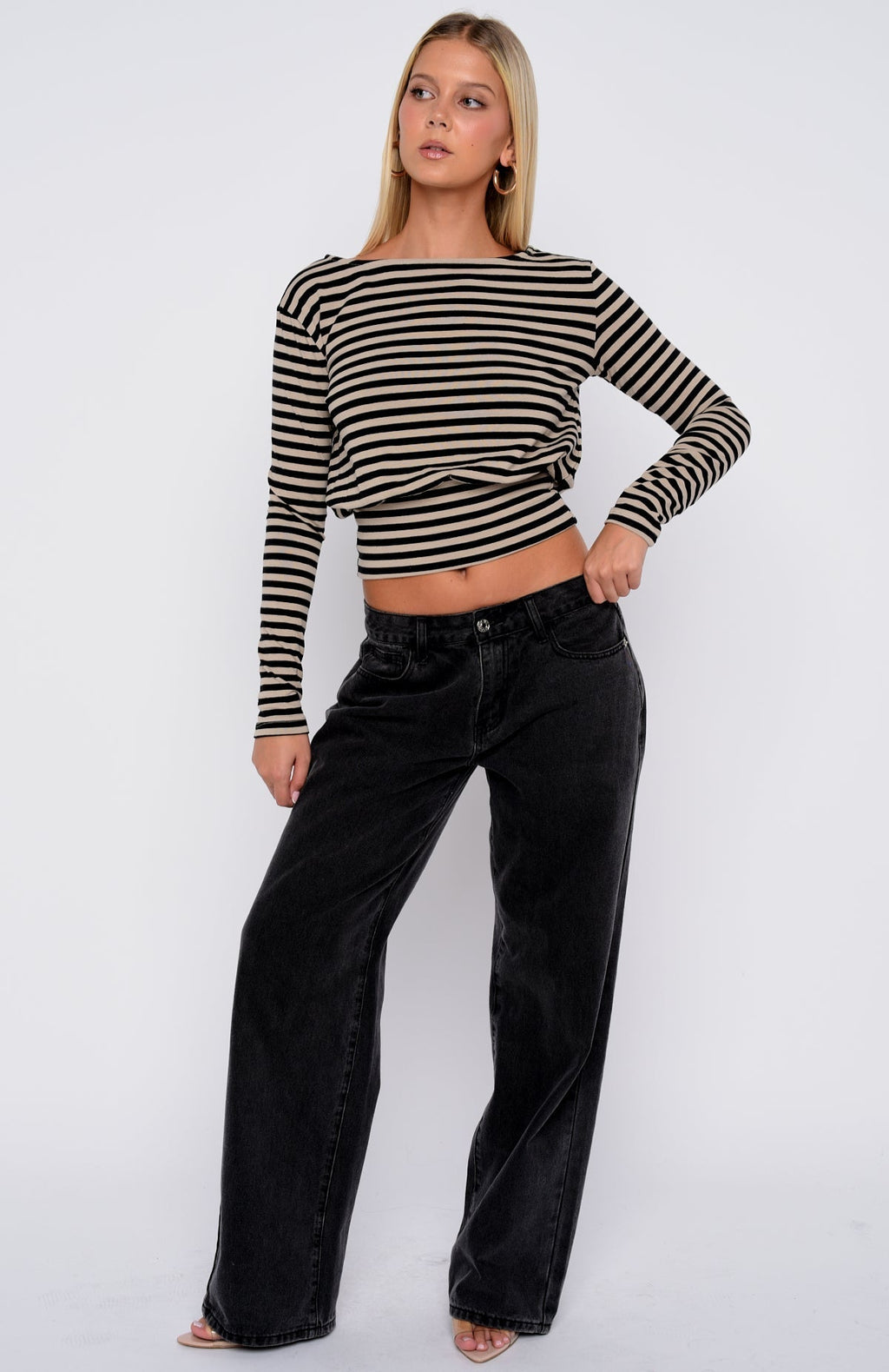 White Fox Catch My Heart Cinched Waist Long Sleeve Top Toffee/Black Stripe