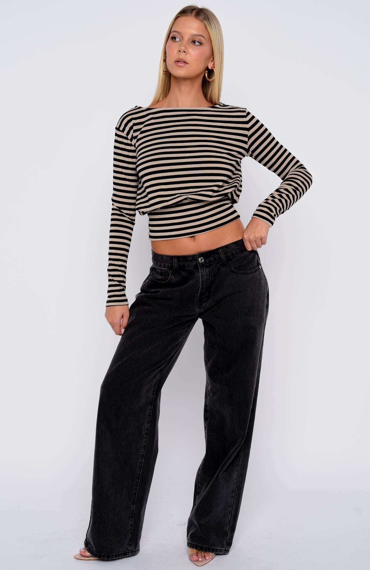 White Fox Catch My Heart Cinched Waist Long Sleeve Top Toffee/Black Stripe