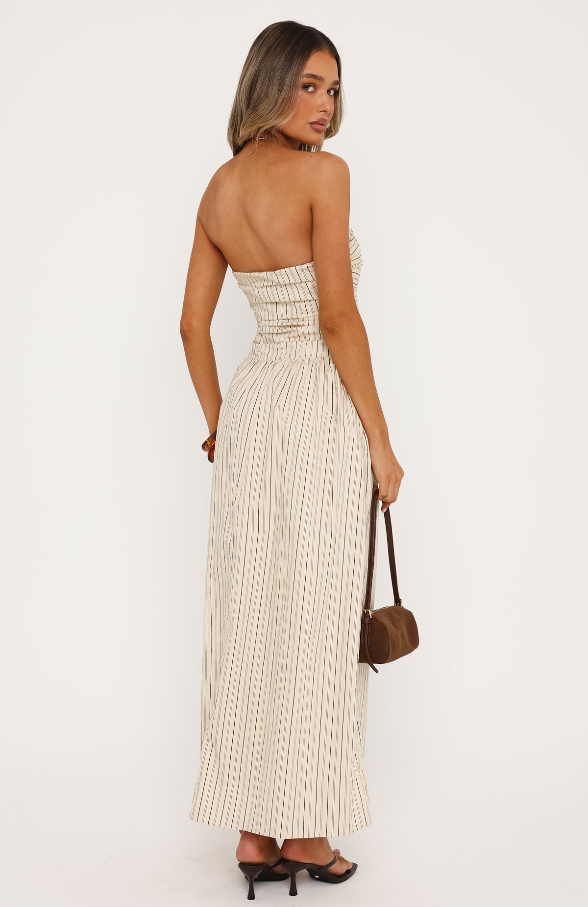 White Fox Blush Of Fate Strapless Maxi Dress Cream/Chocolate Stripe