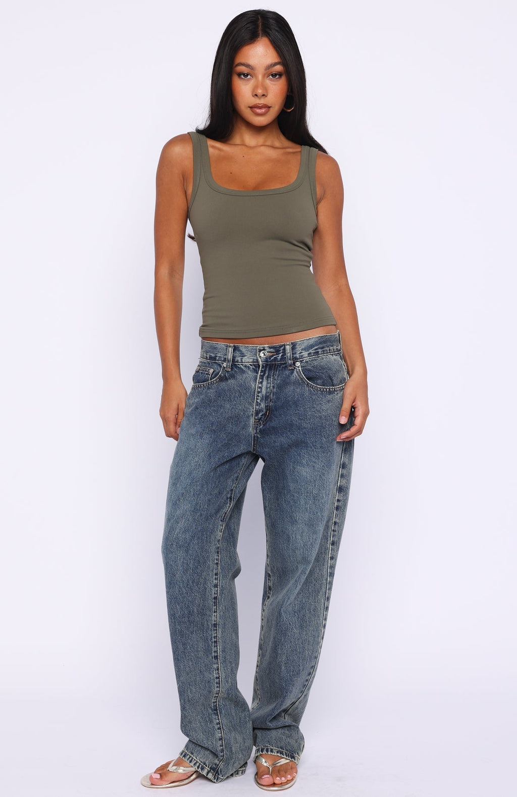 White Fox Chill Vibes Tank Top Khaki