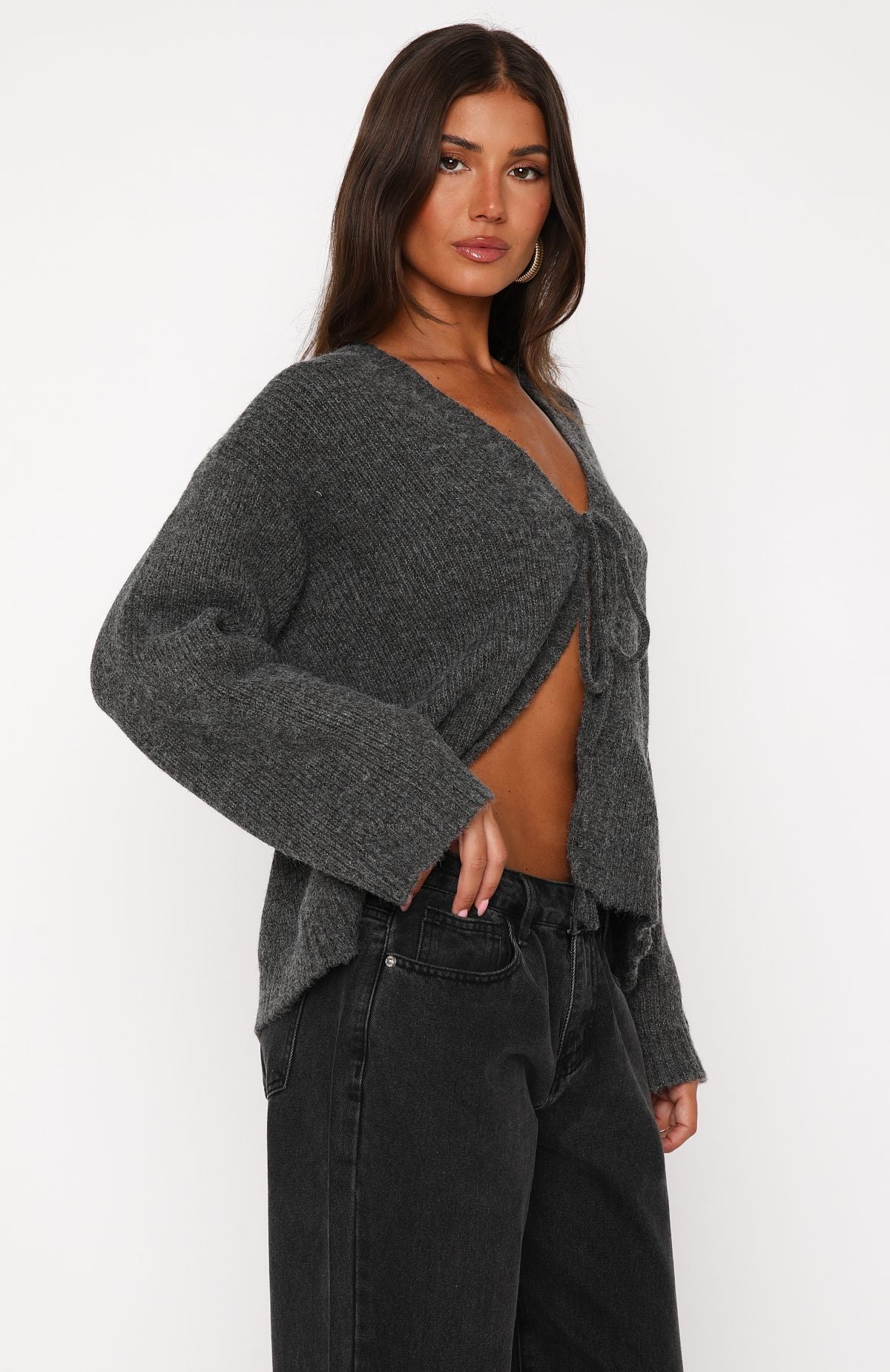 White Fox Flashback Knit Cardigan Charcoal