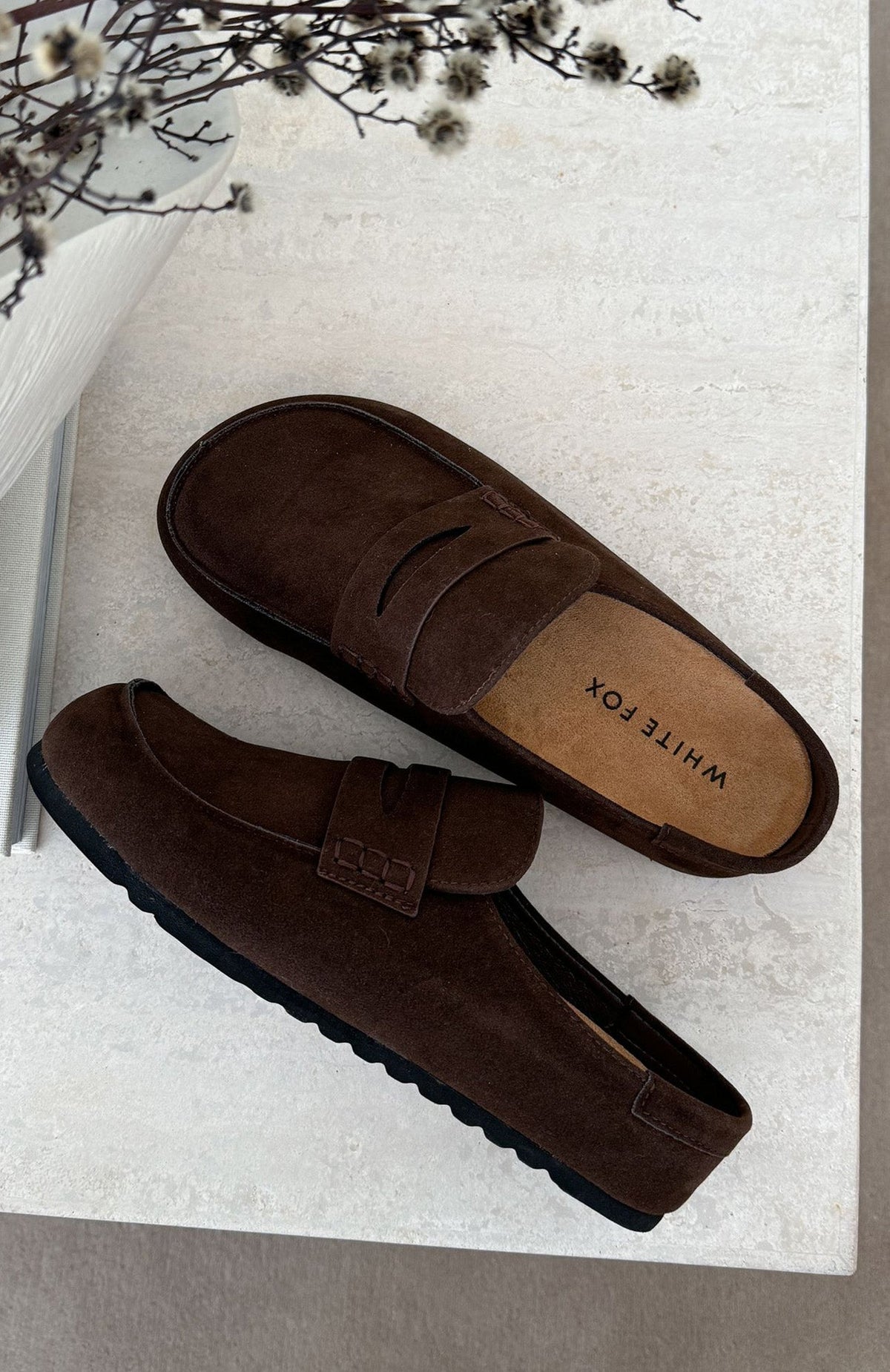 White Fox Cayson Loafer Slides Chocolate Faux Suede