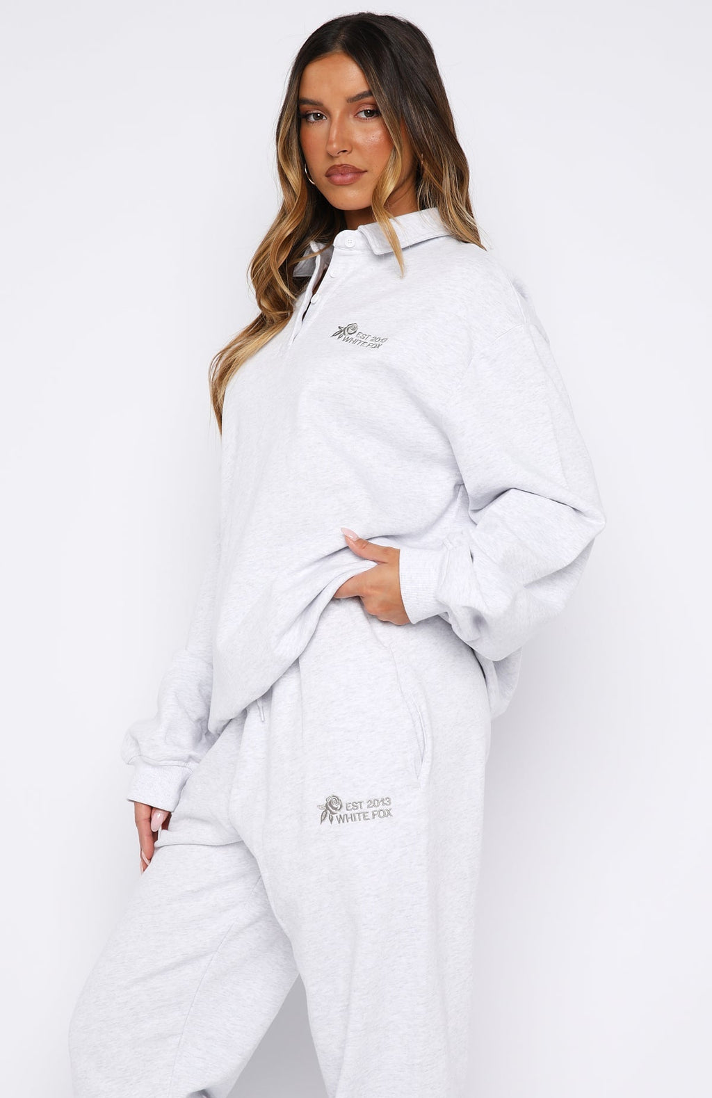 White Fox Can't Be Changed Oversized Henley Sweater Grey Marle