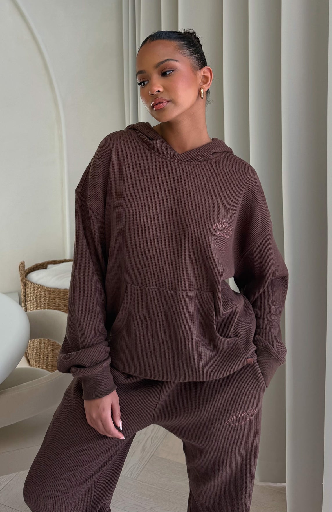 White Fox Moving Out Waffle Oversized Hoodie Chocolate