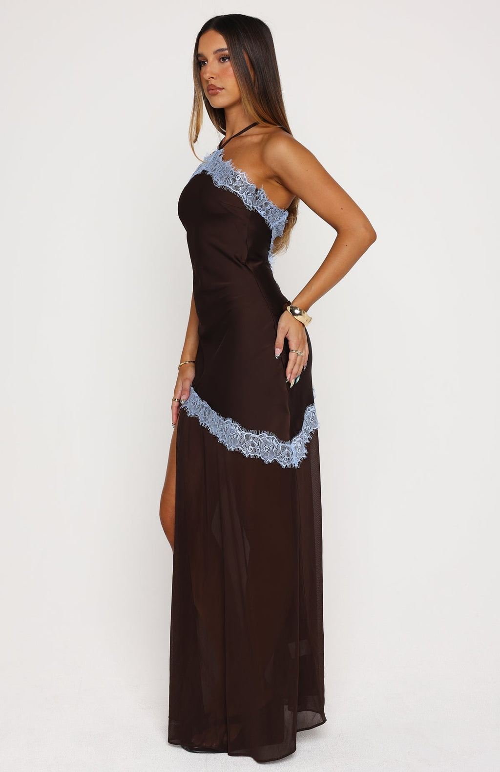 White Fox Perfect For You Halter Maxi Dress Dark Chocolate/Powder Blue