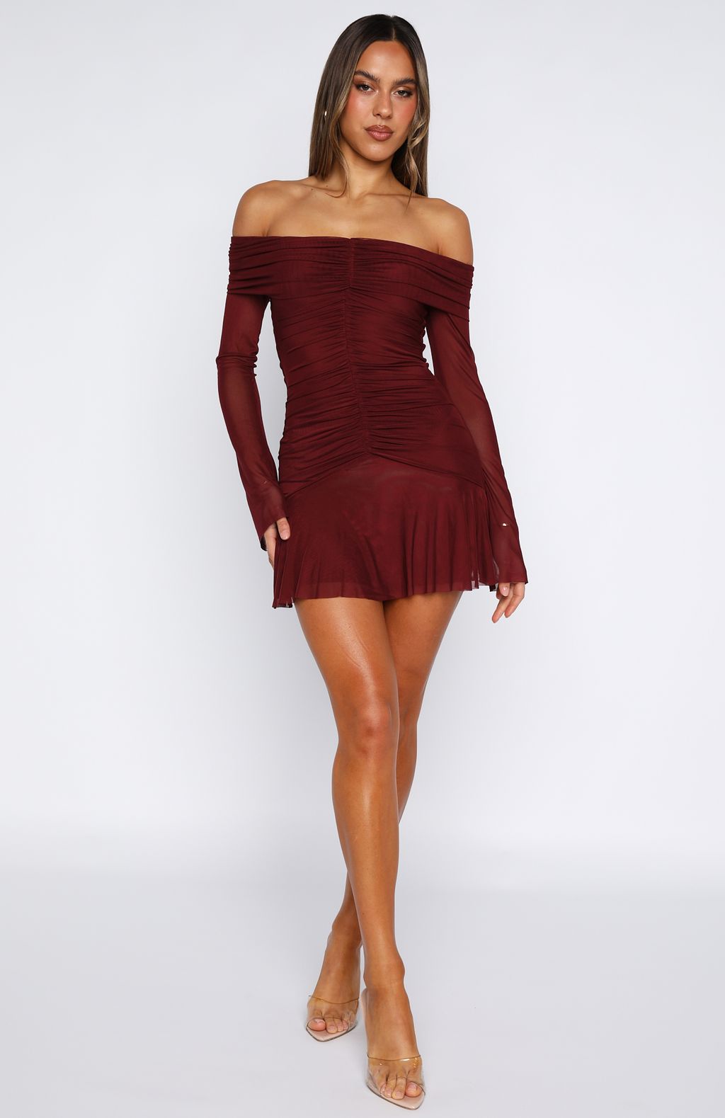 White Fox Dreaming Of Yesterday Long Sleeve Mini Dress Burgundy