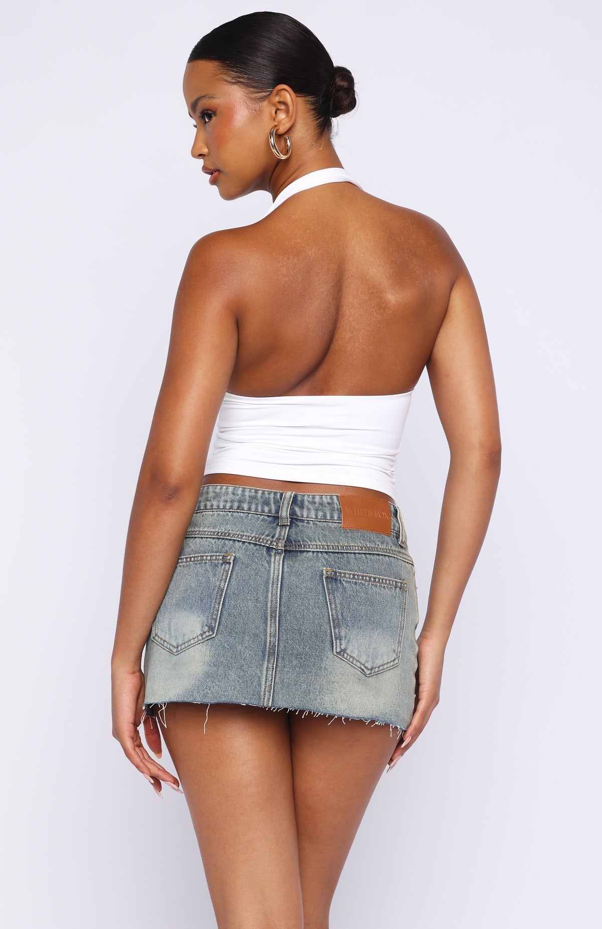 White Fox Broken Trust Mid Rise Denim Mini Skirt Brown Blue