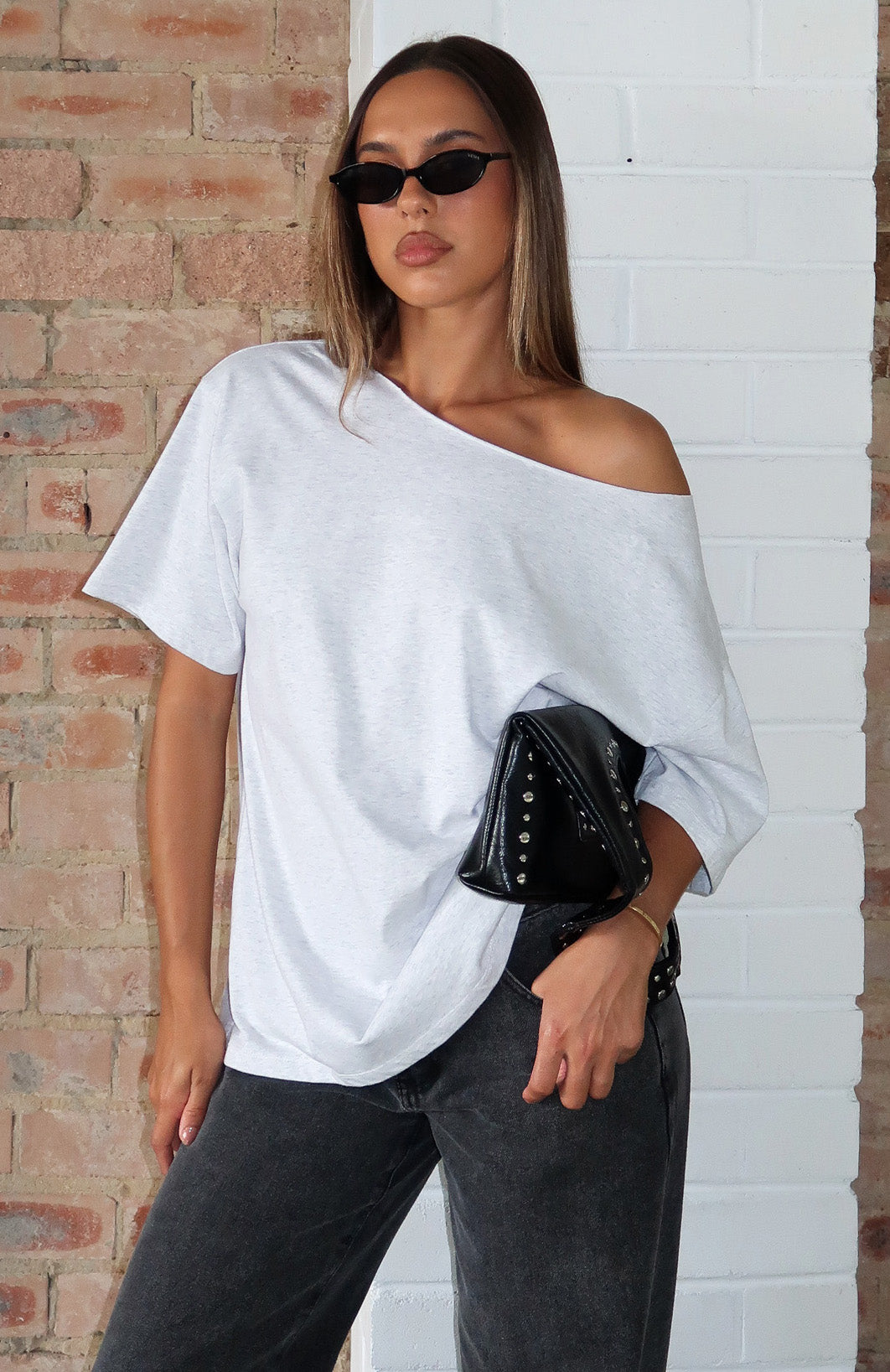 White Fox Give Me Options Off Shoulder Tee Light Grey Marle