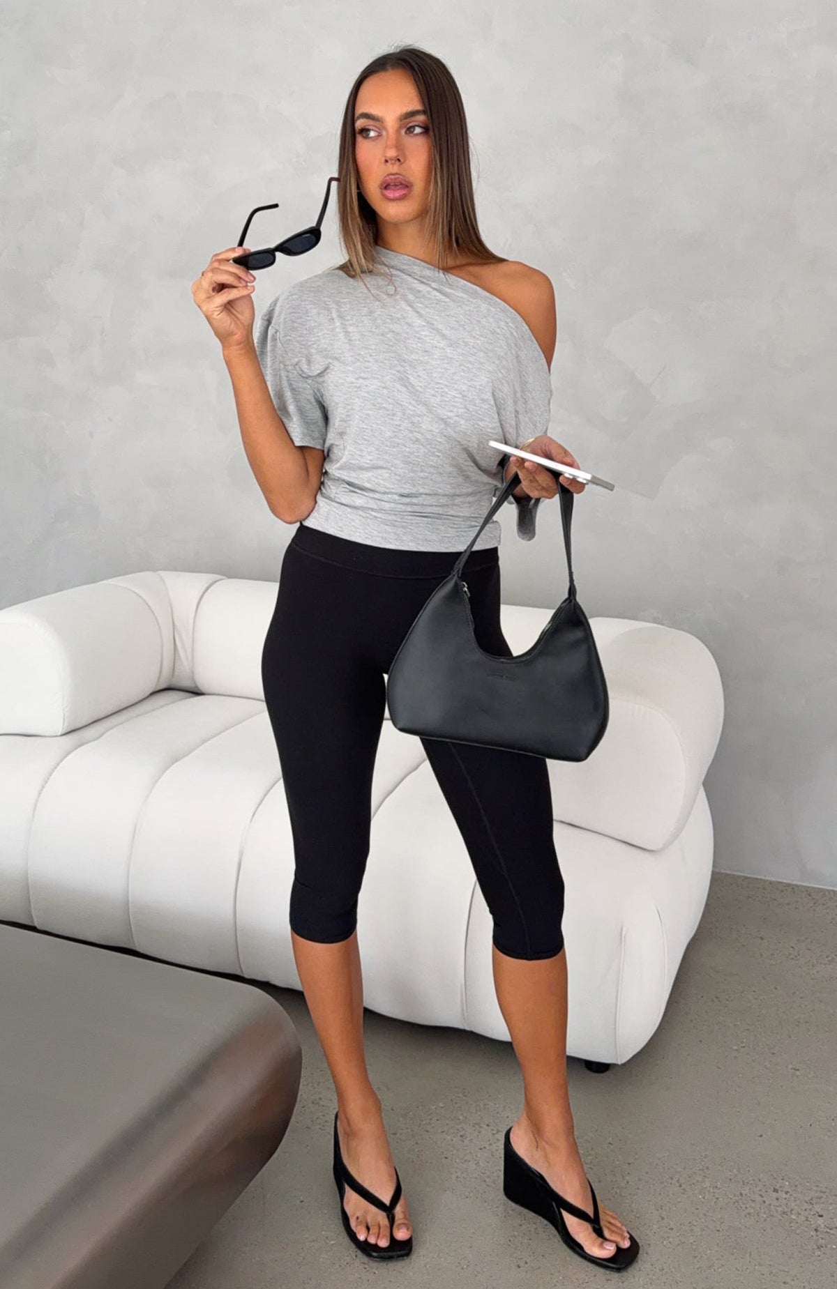 White Fox Hype Girl Cinched Waist Off Shoulder Top Grey Marle