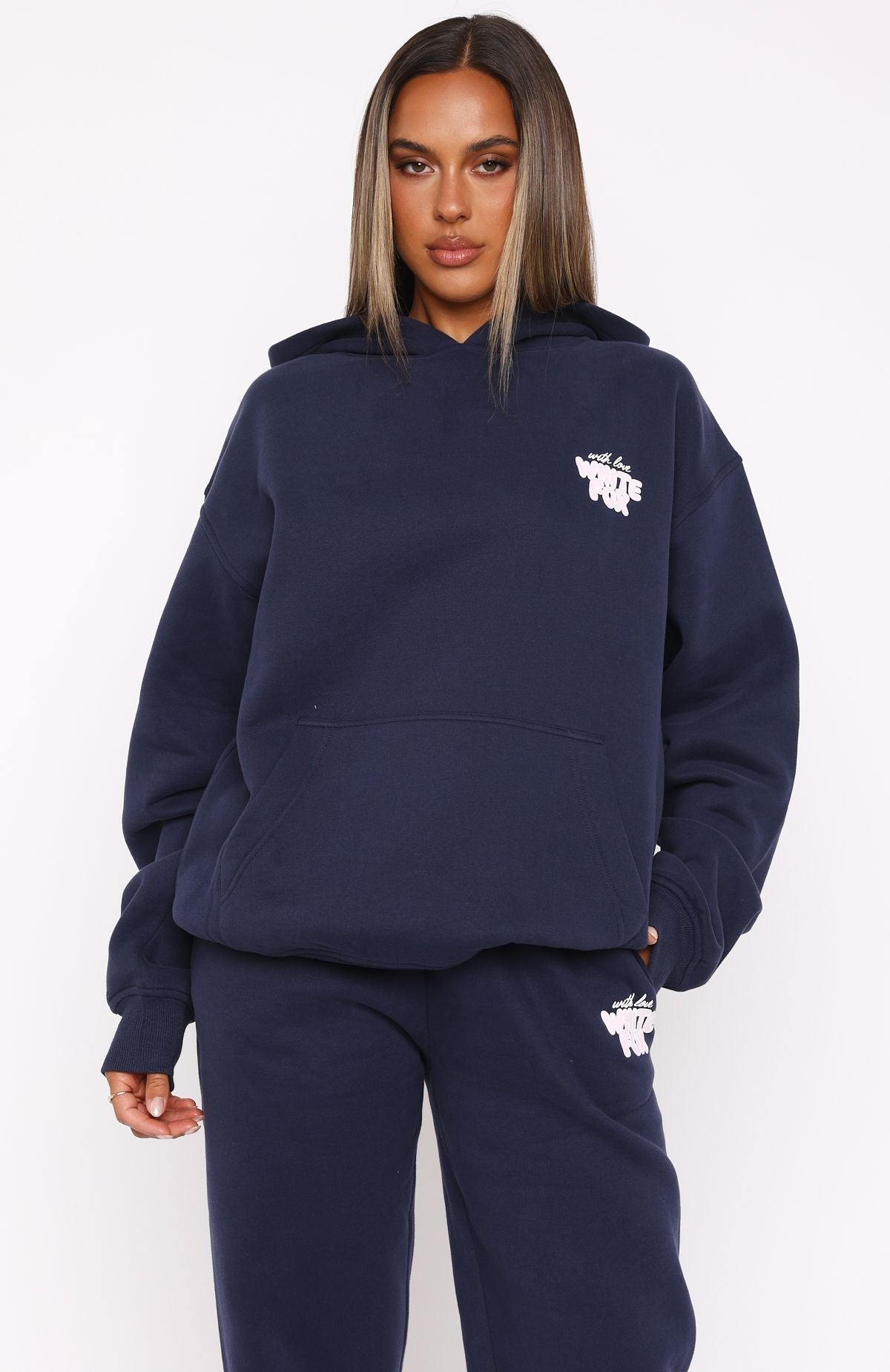 White Fox With Love Always Oversized Hoodie Navy