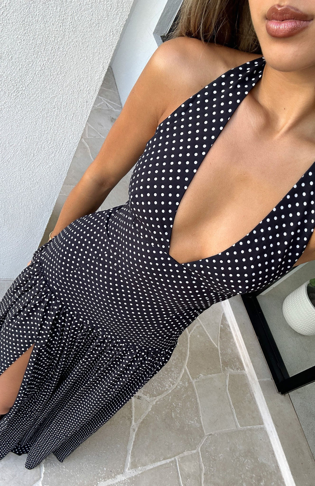 White Fox Sweet Temptation Halter Maxi Dress Black/ White Polka Dot