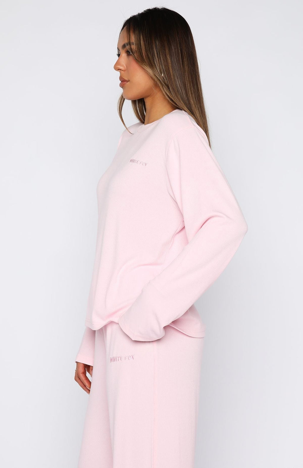 White Fox Come A Long Way Soft Lounge Relaxed Long Sleeve Ribbed Tee Pink