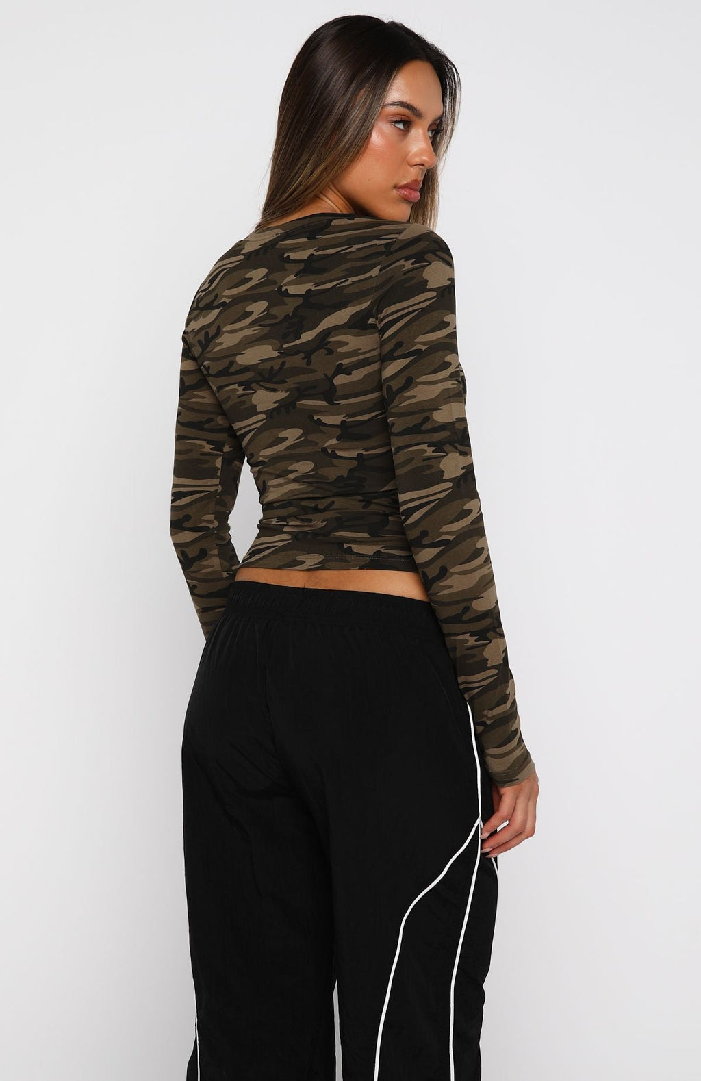 White Fox Don't Rein Me In Long Sleeve Baby Tee Camo