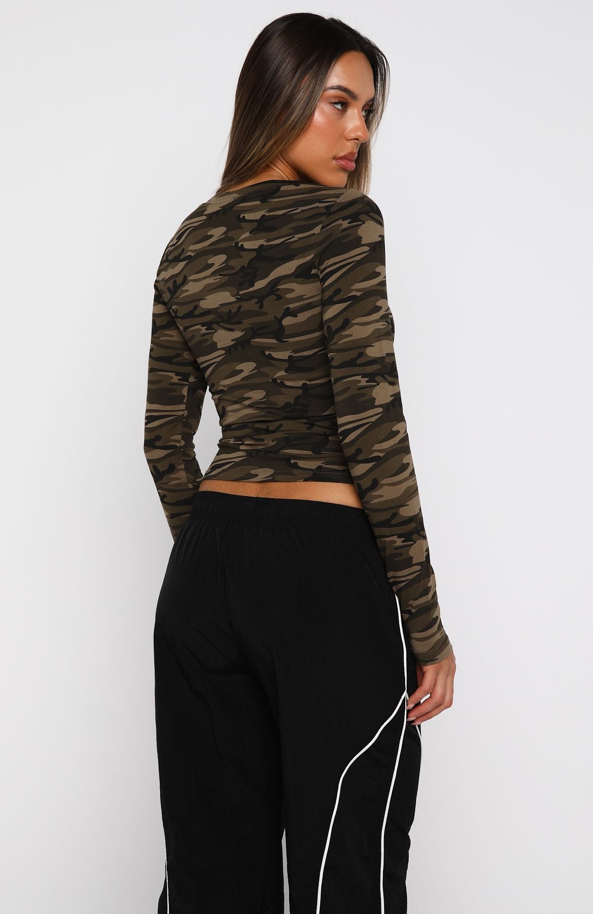 White Fox Don't Rein Me In Long Sleeve Baby Tee Camo