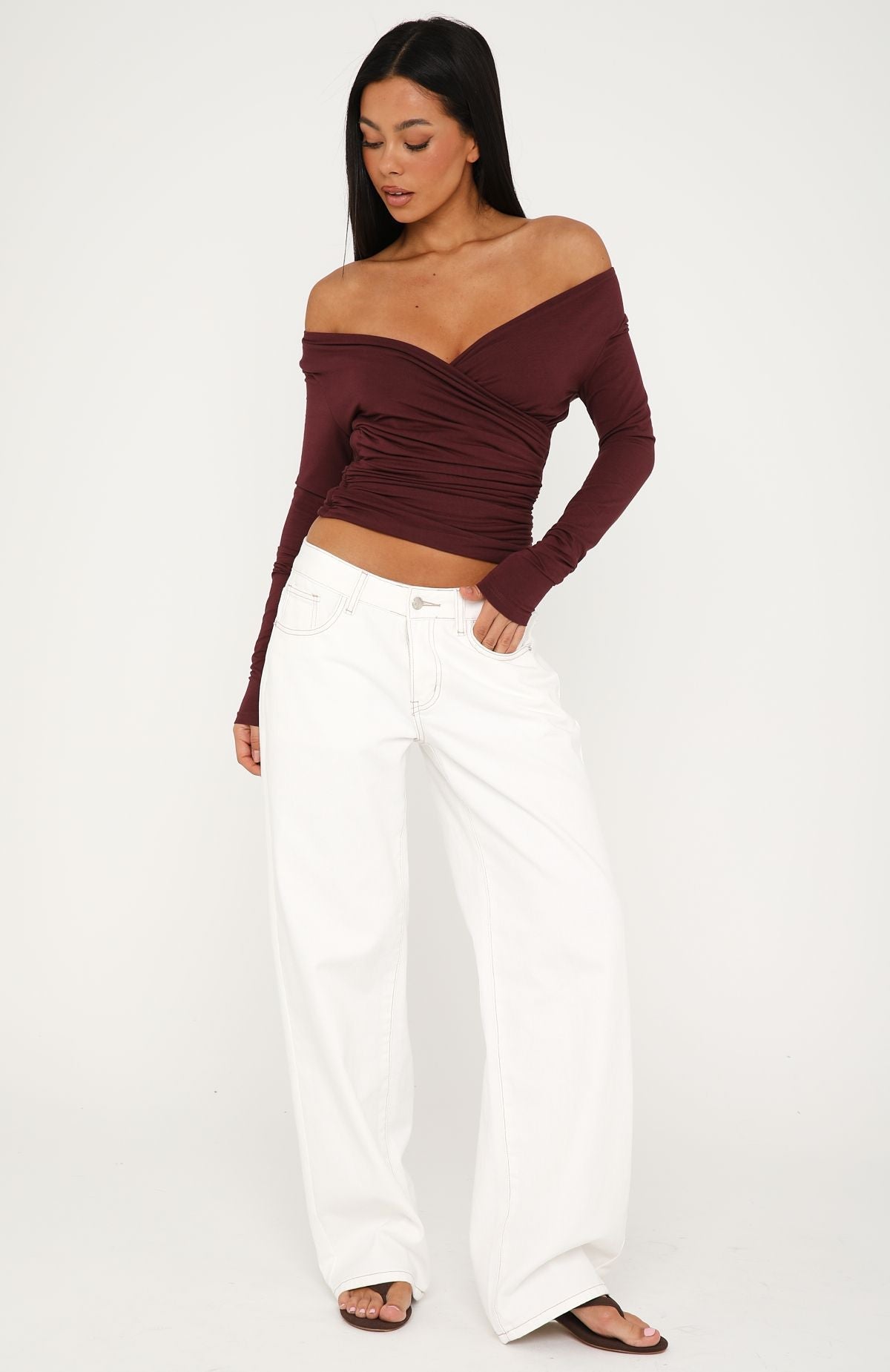 White Fox Sparks Fly Cinched Waist Off Shoulder Long Sleeve Top Cherry Chocolate