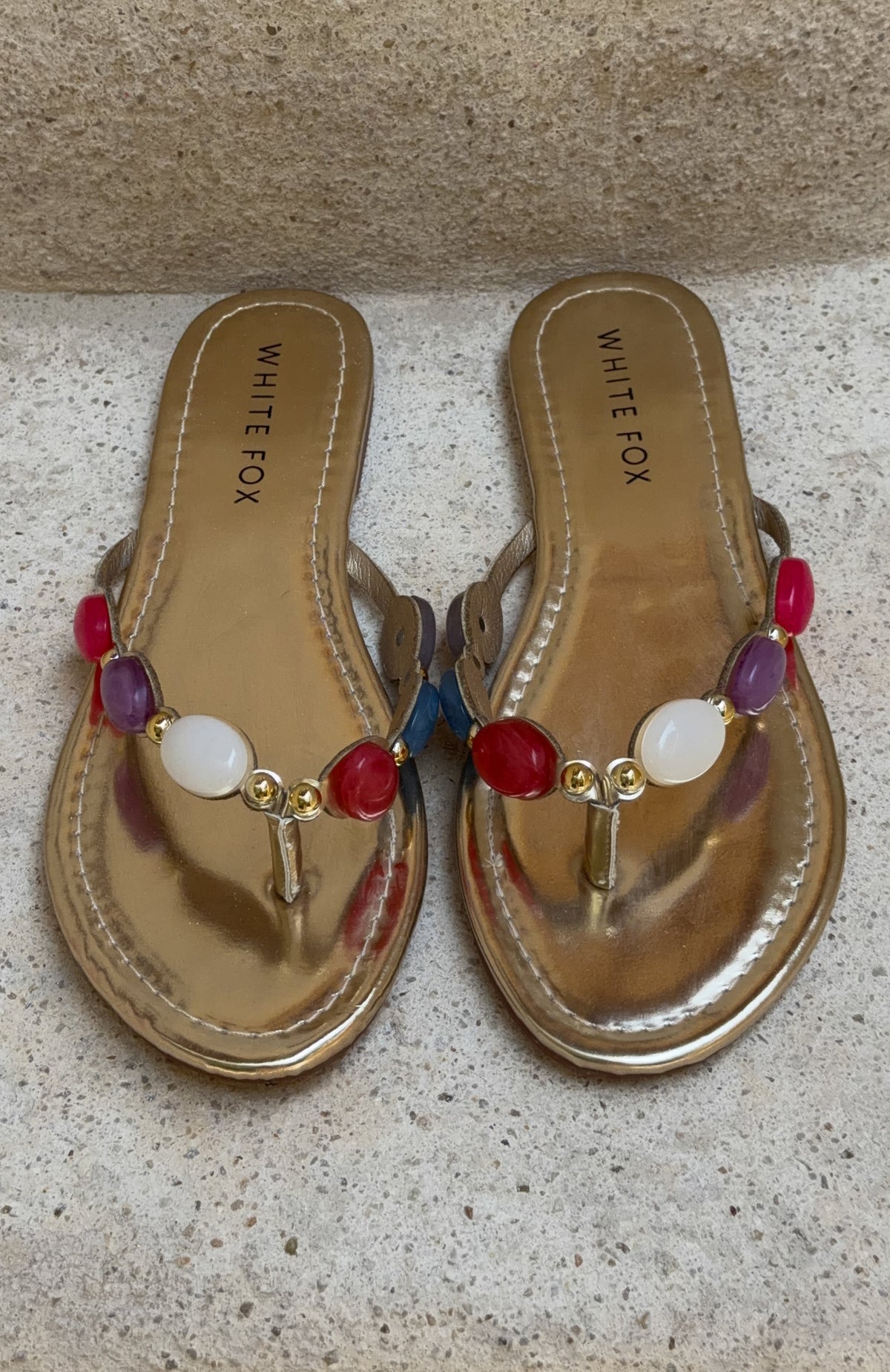 White Fox Kira Beaded Thong Sandals Gold