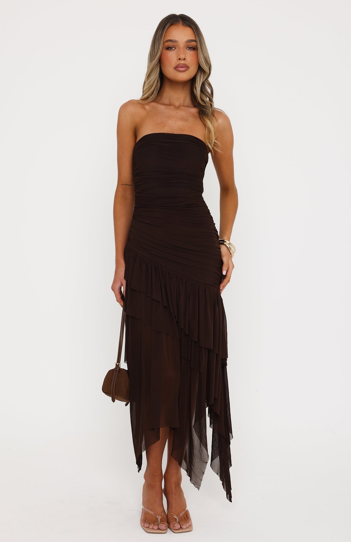 White Fox Venetian Dreams Strapless Midi Dress Chocolate