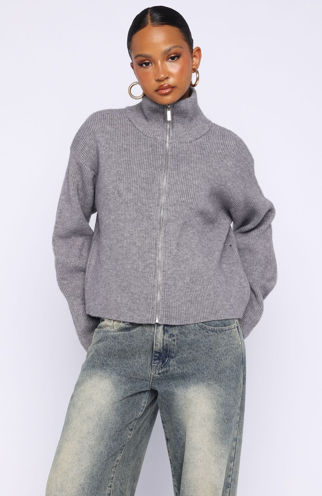 White Fox Violetta Zip Knit Cardigan Smokey Grey
