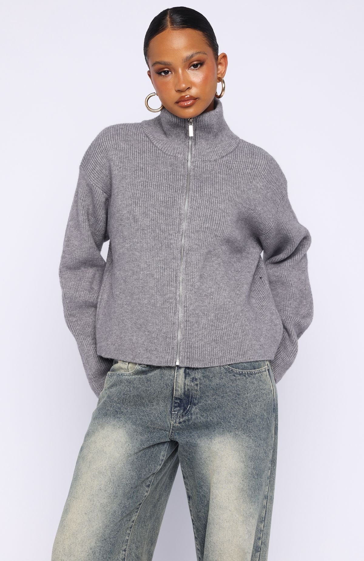 White Fox Violetta Zip Knit Cardigan Smokey Grey