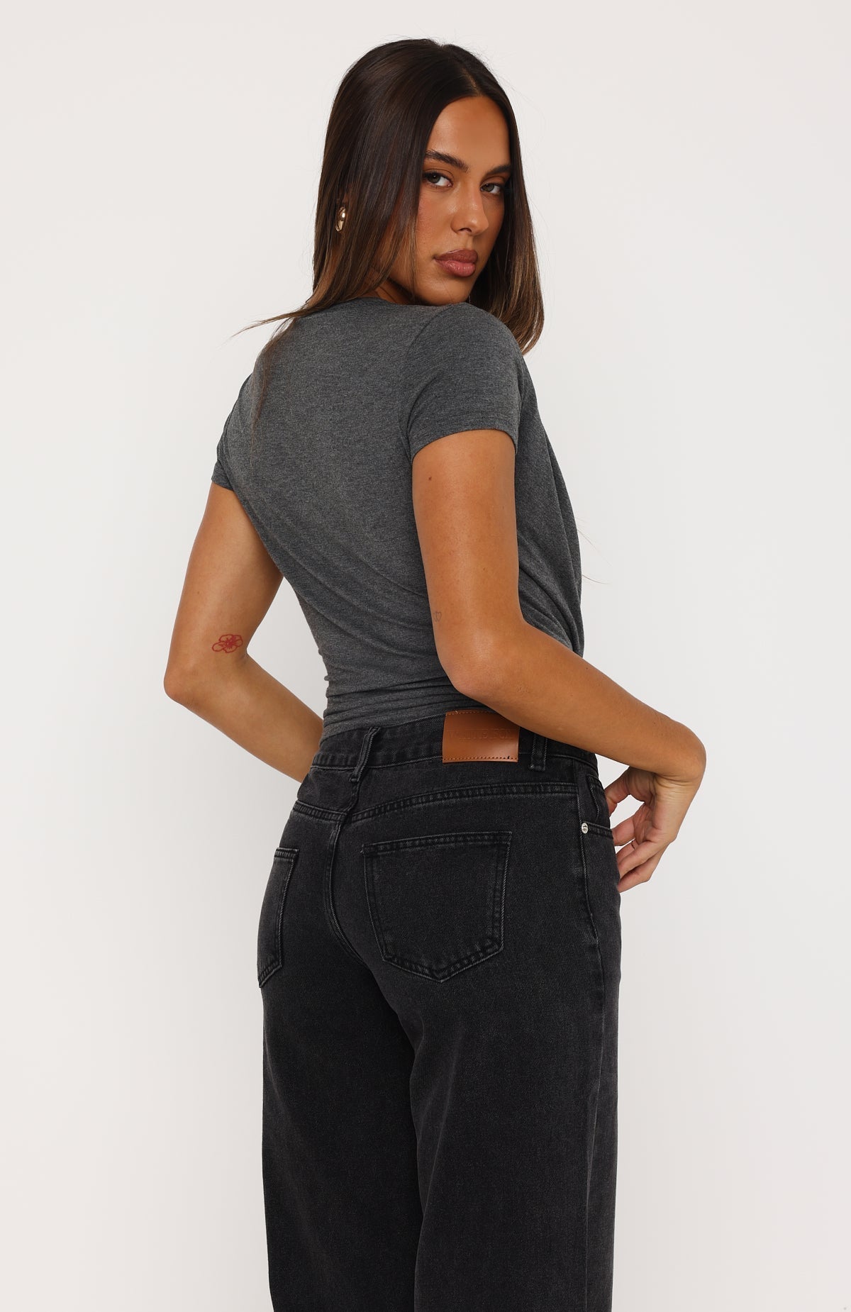 White Fox Almost Told You Short Sleeve Cowl Neck Top Charcoal Marle