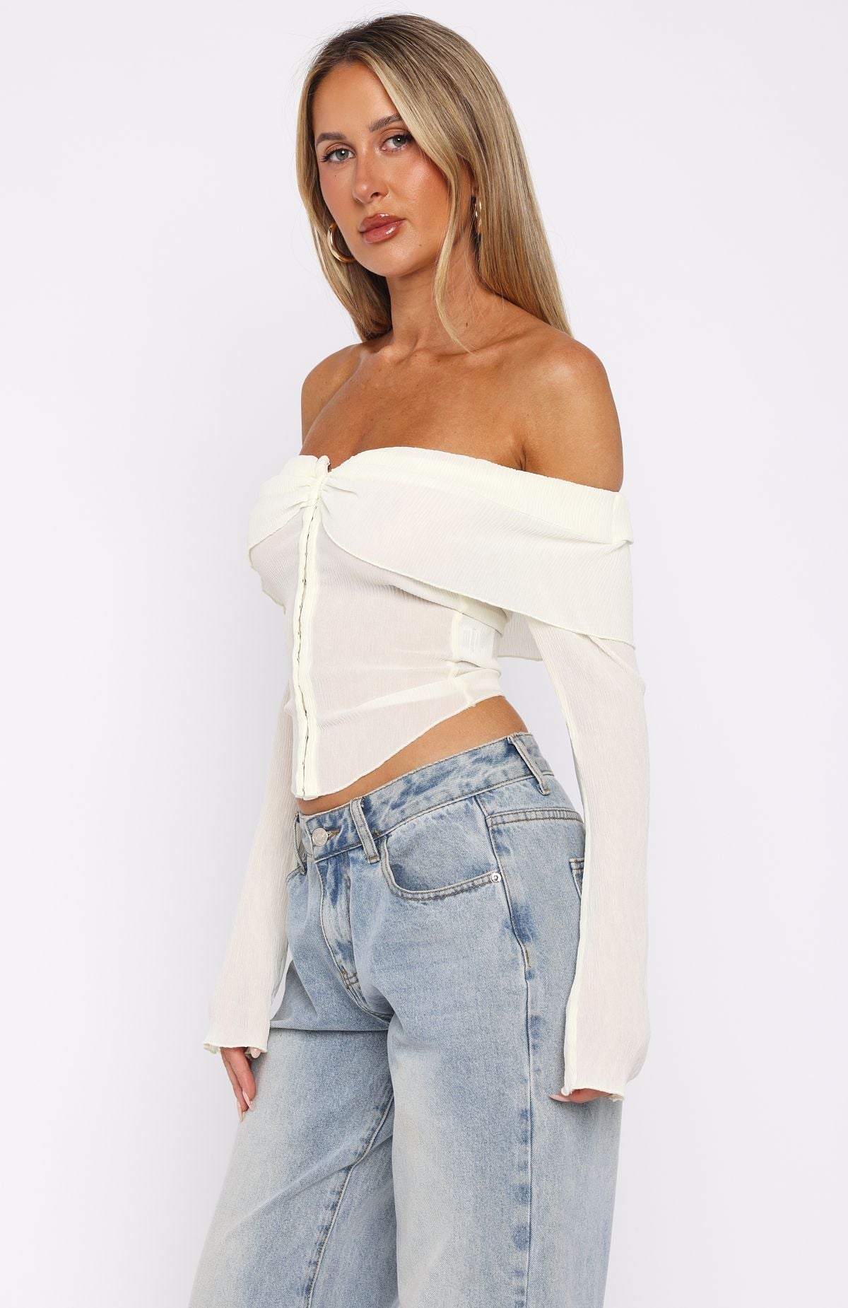 White Fox Mood Forever Long Sleeve Off Shoulder Top Cream