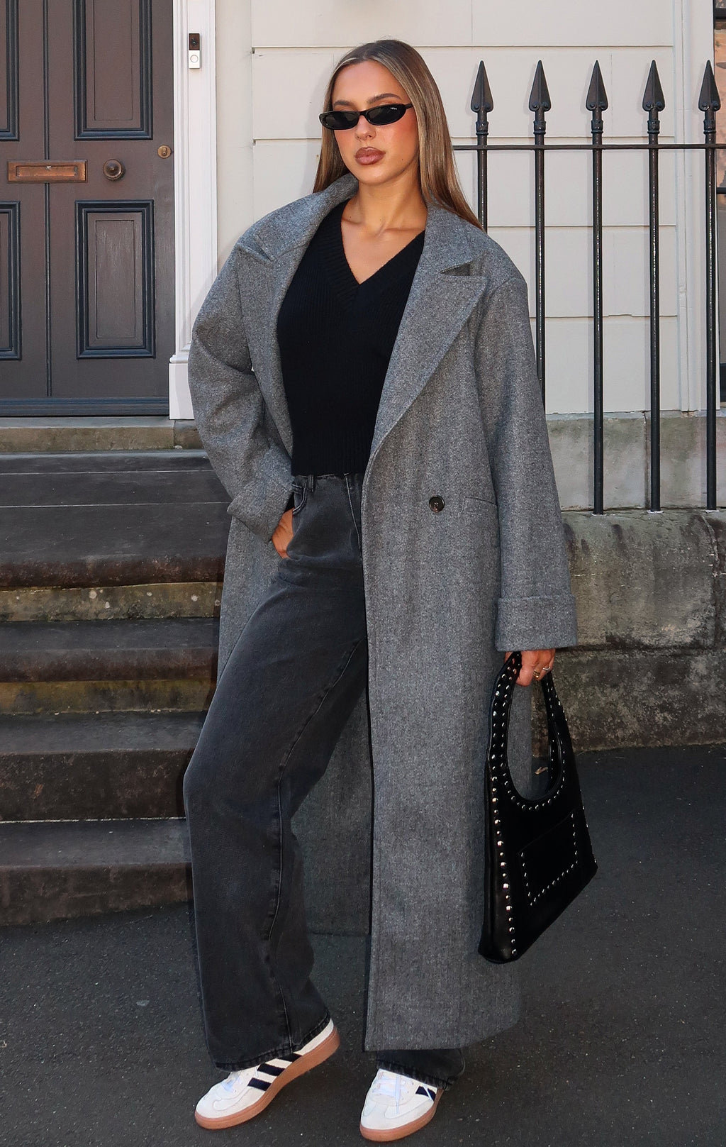 White Fox Winter Holiday Oversized Coat Charcoal