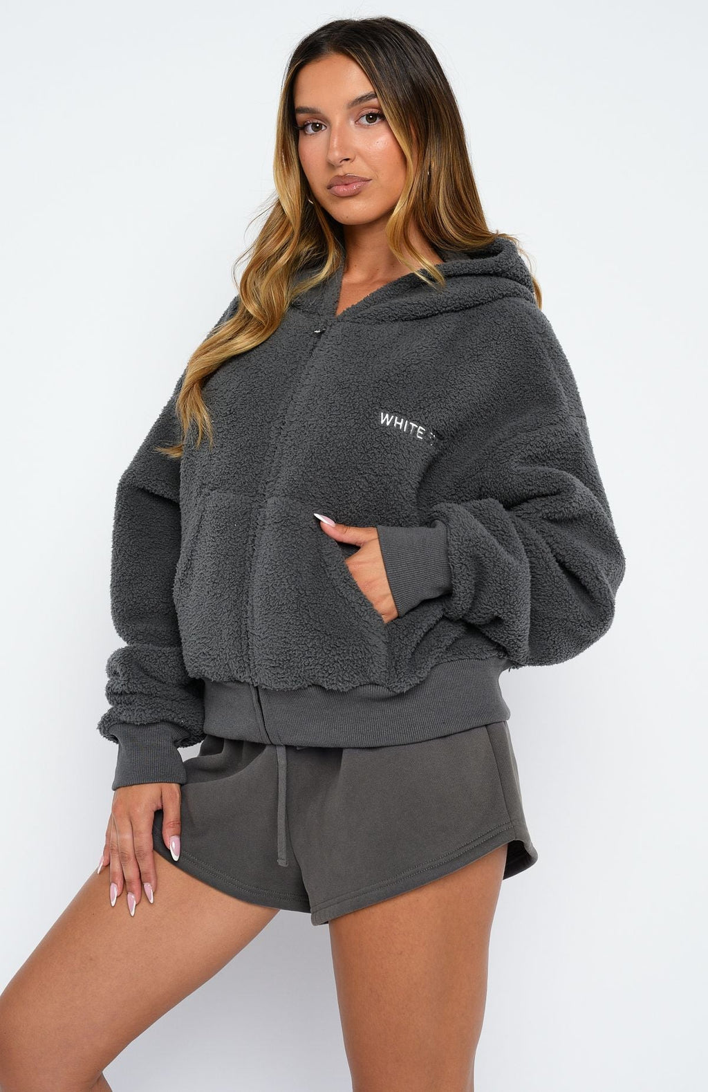 White Fox Always First Teddy Borg Boxy Zip Front Hoodie Charcoal
