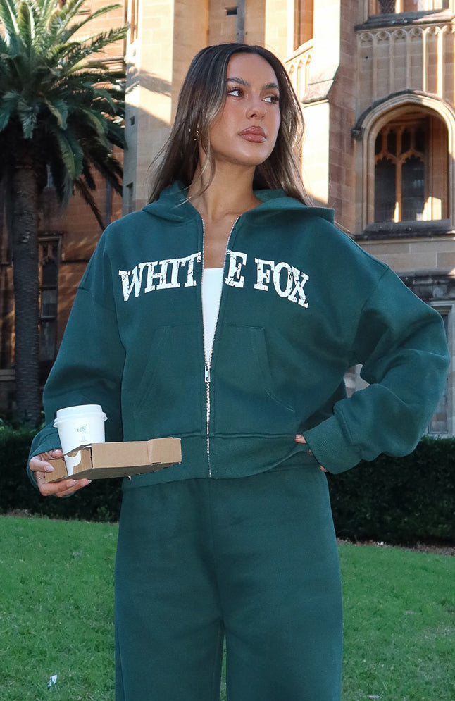 White Fox Brand New Start Boxy Zip Front Hoodie Forest Green