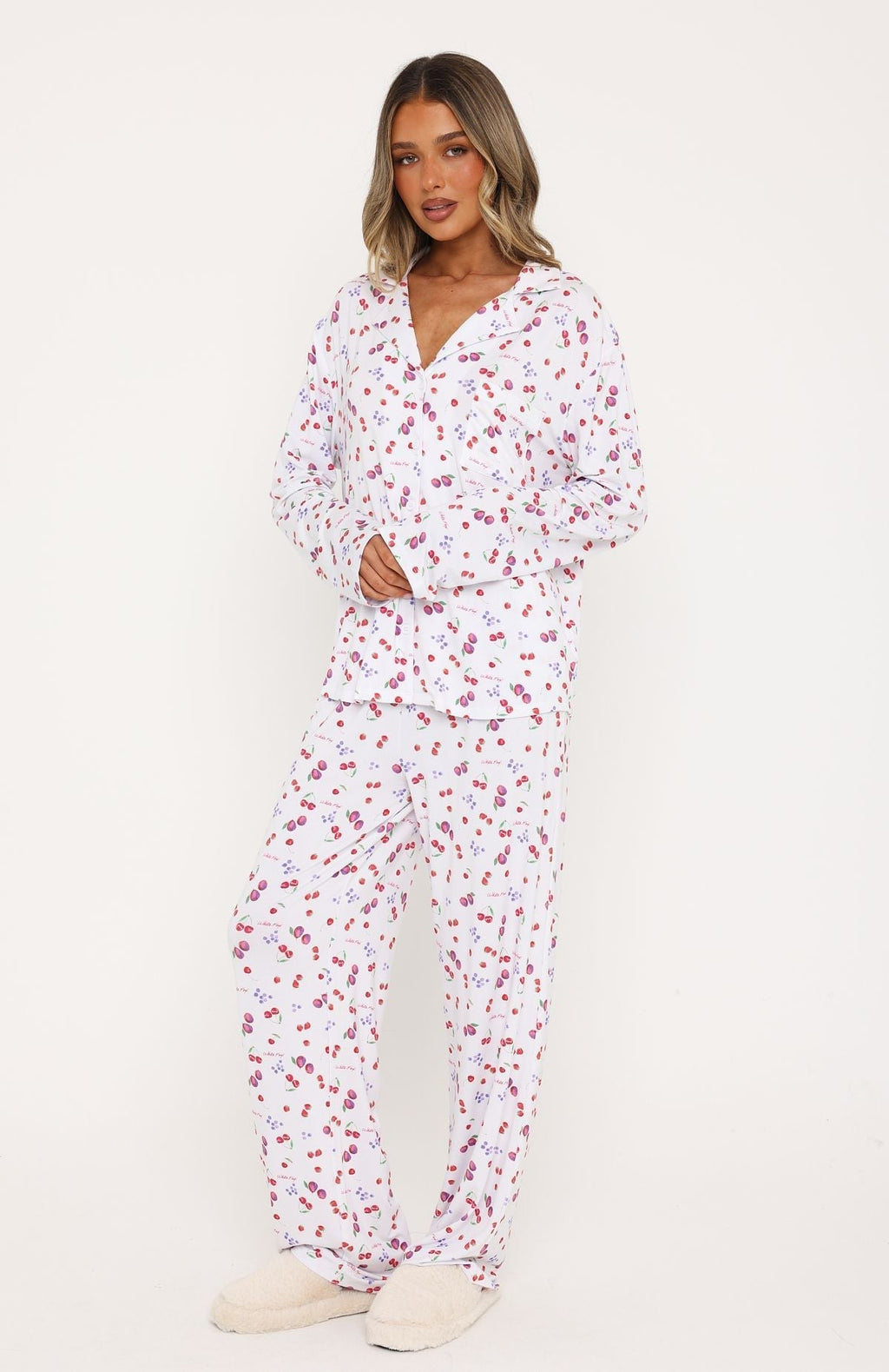 White Fox Pillow Talk Printed Long Sleeve Pyjama Set White Berries