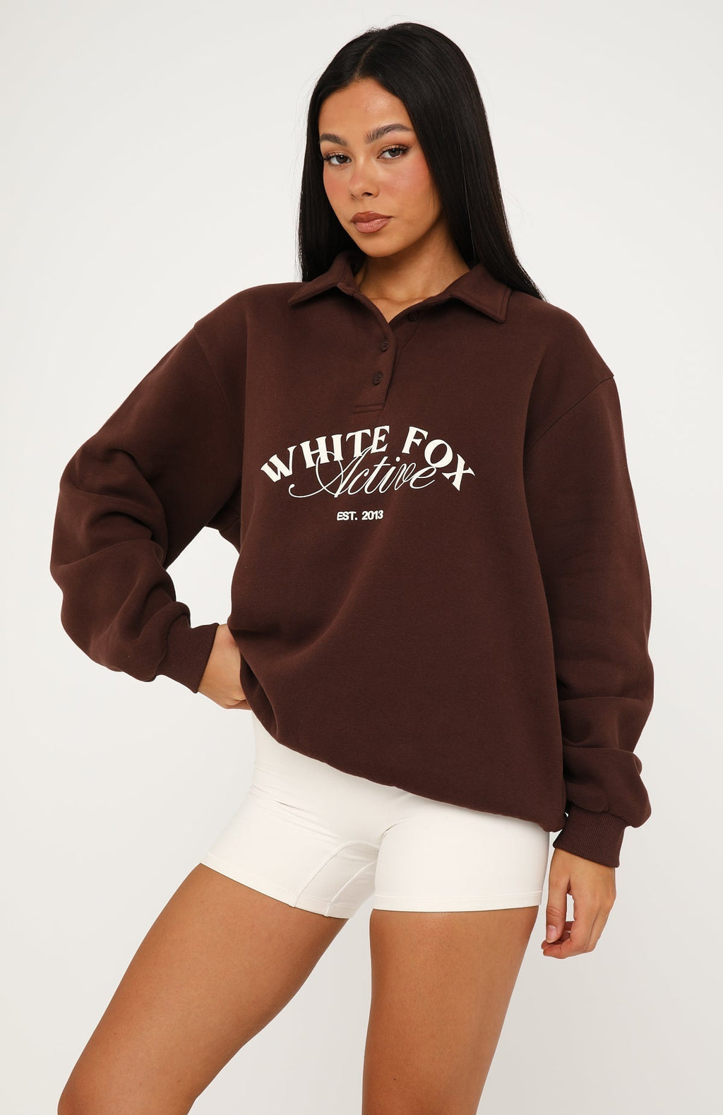 White Fox Far Away Oversized Henley Sweater Dark Chocolate