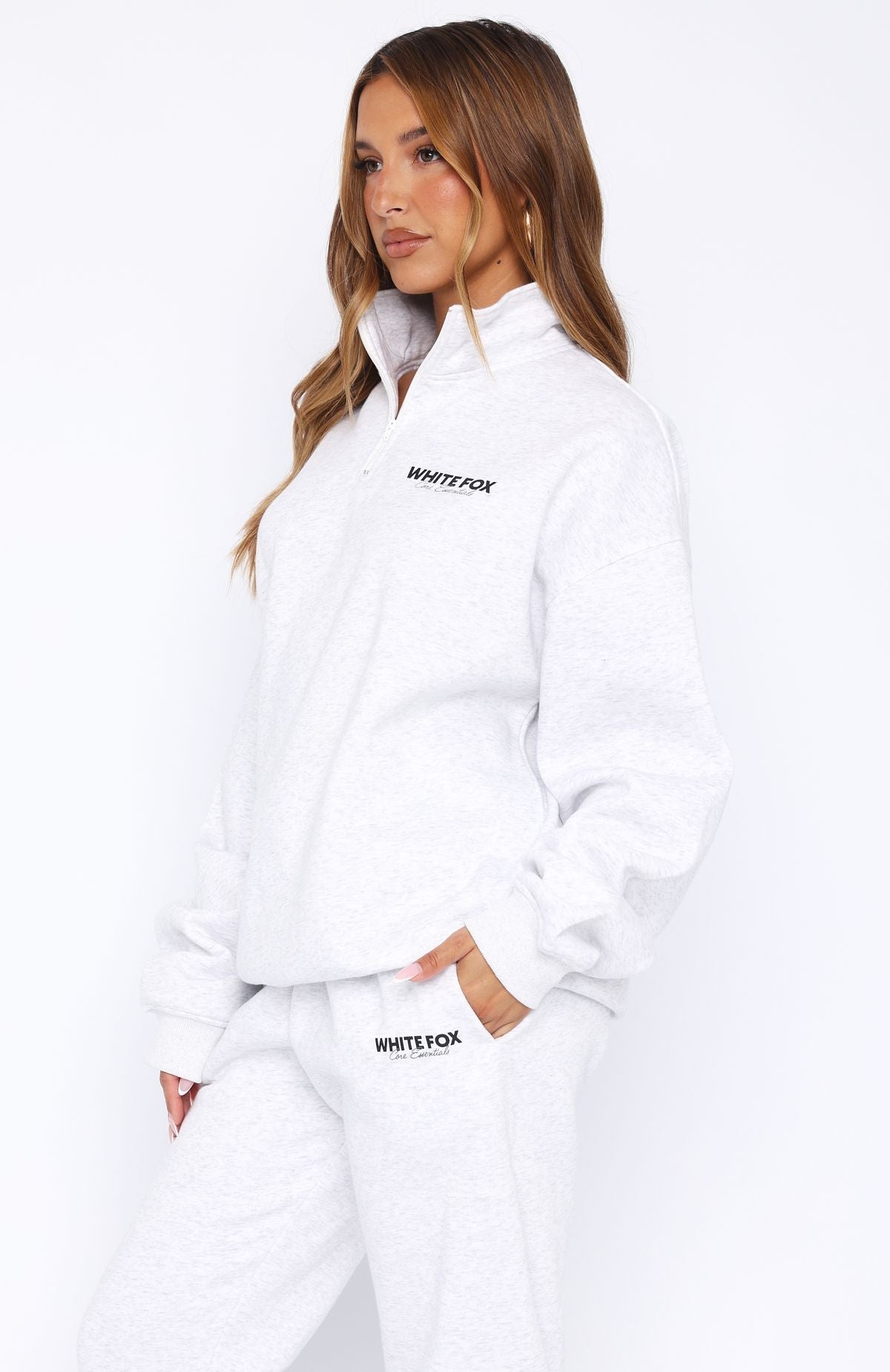 White Fox Core Essentials Zip Sweater Grey Marle