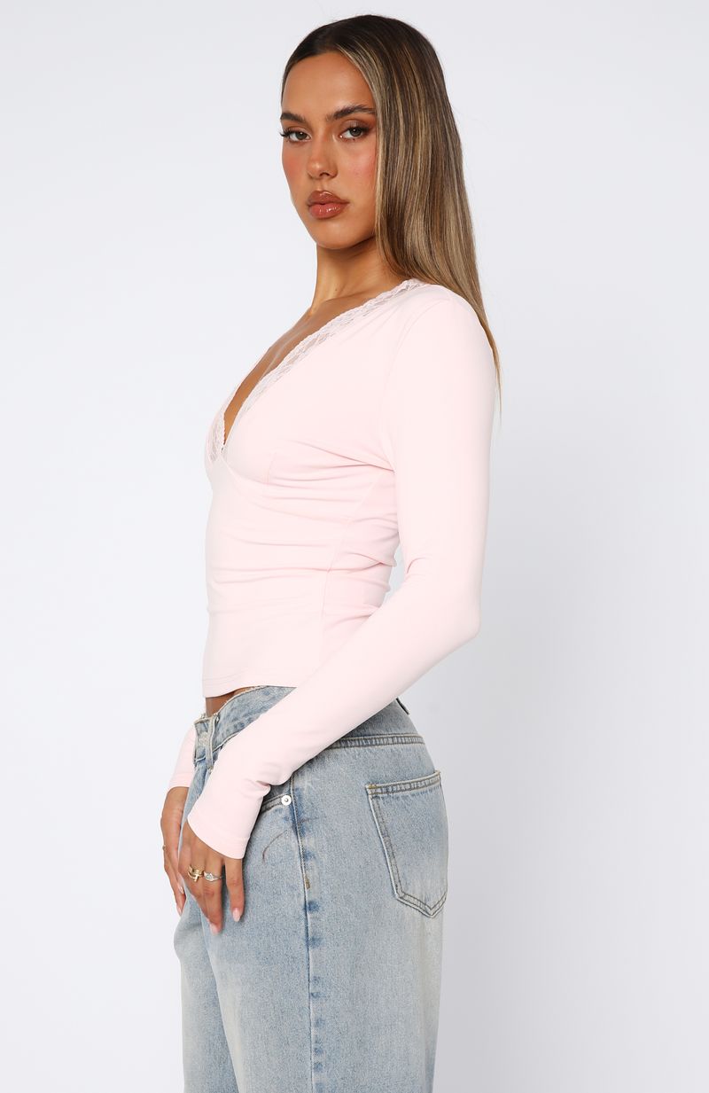 White Fox Knew That All Along Lace Trim Long Sleeve Top Baby Pink