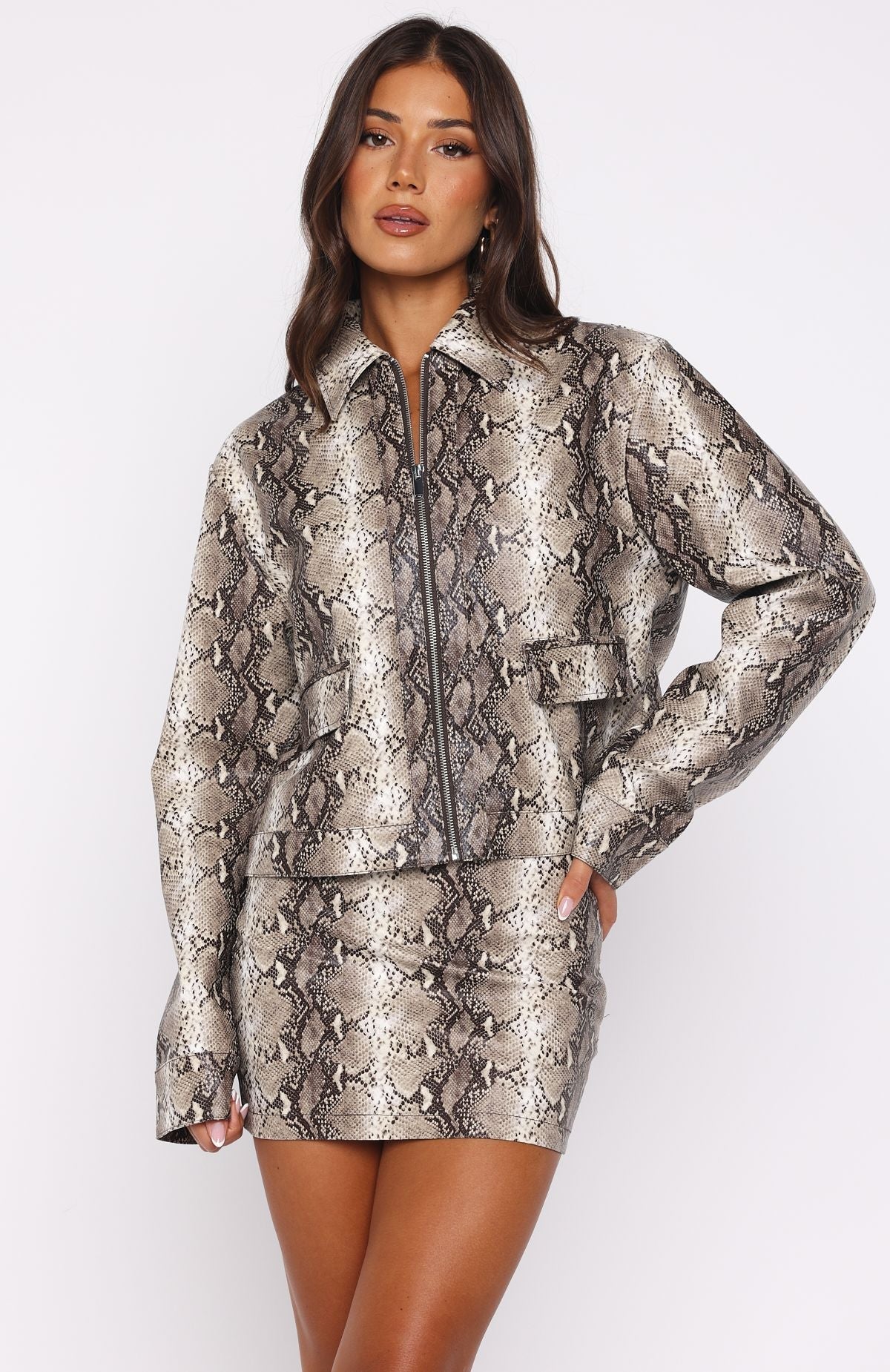 White Fox Beautiful Escape PU Jacket Tan Snake