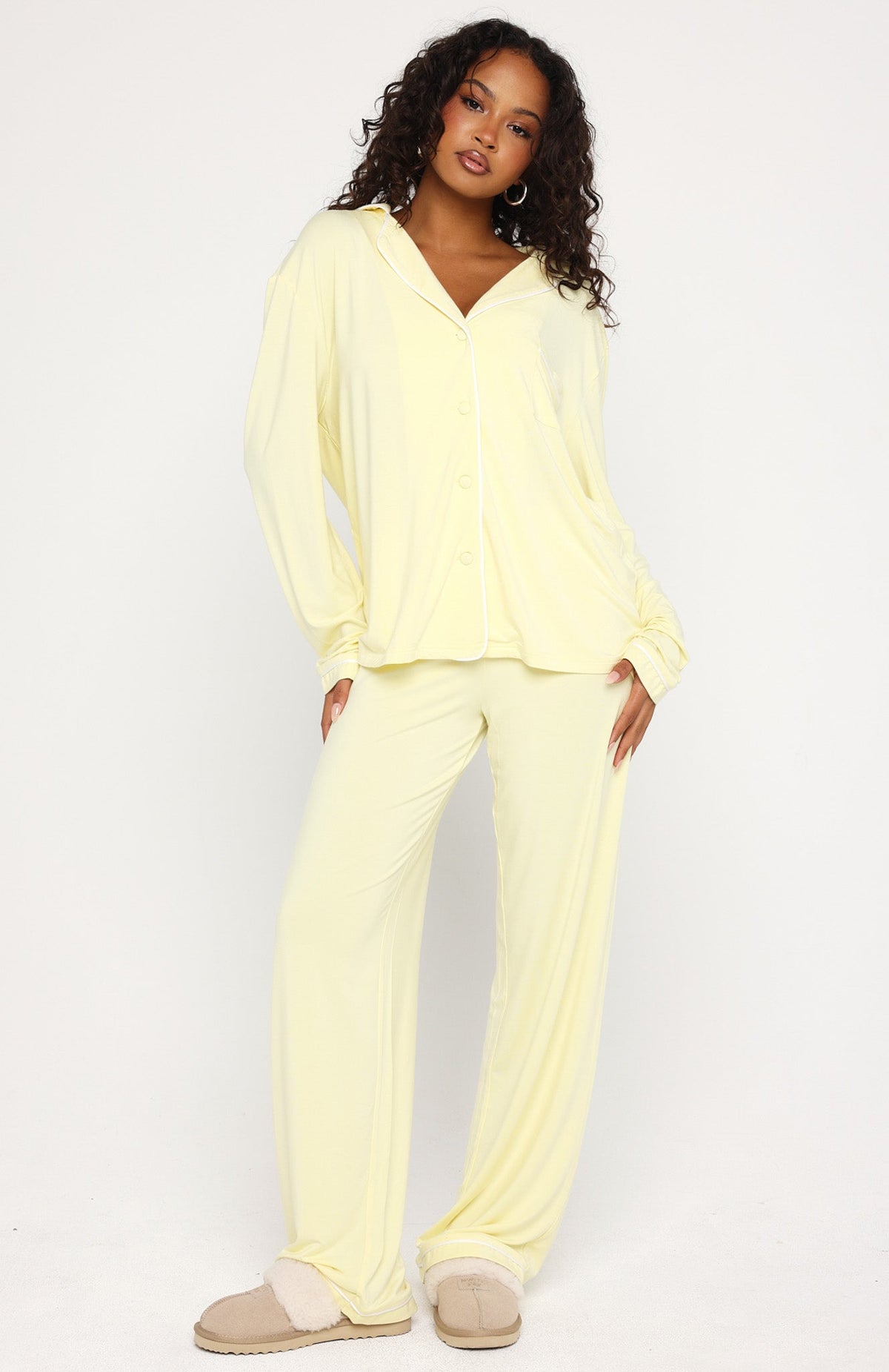 White Fox Airplane Mode Modal Wide Leg Pyjama Pants Lemon