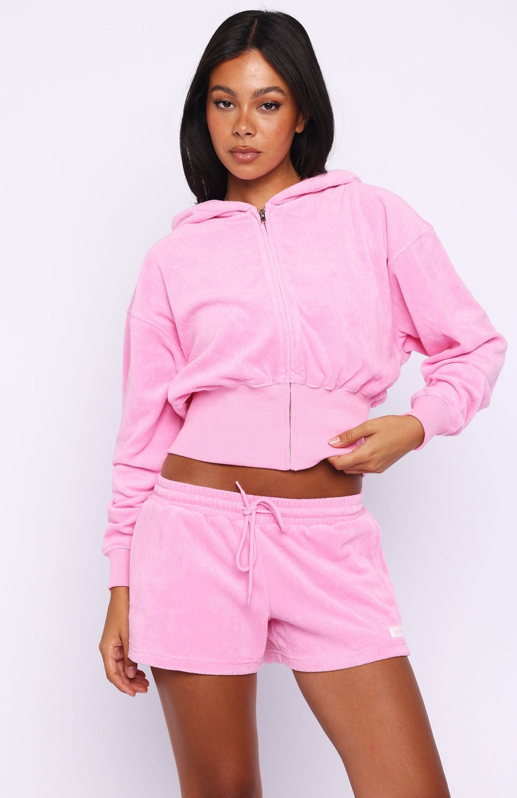White Fox Causing Commotion Terry Cropped Cinched Zip Front Hoodie Pink
