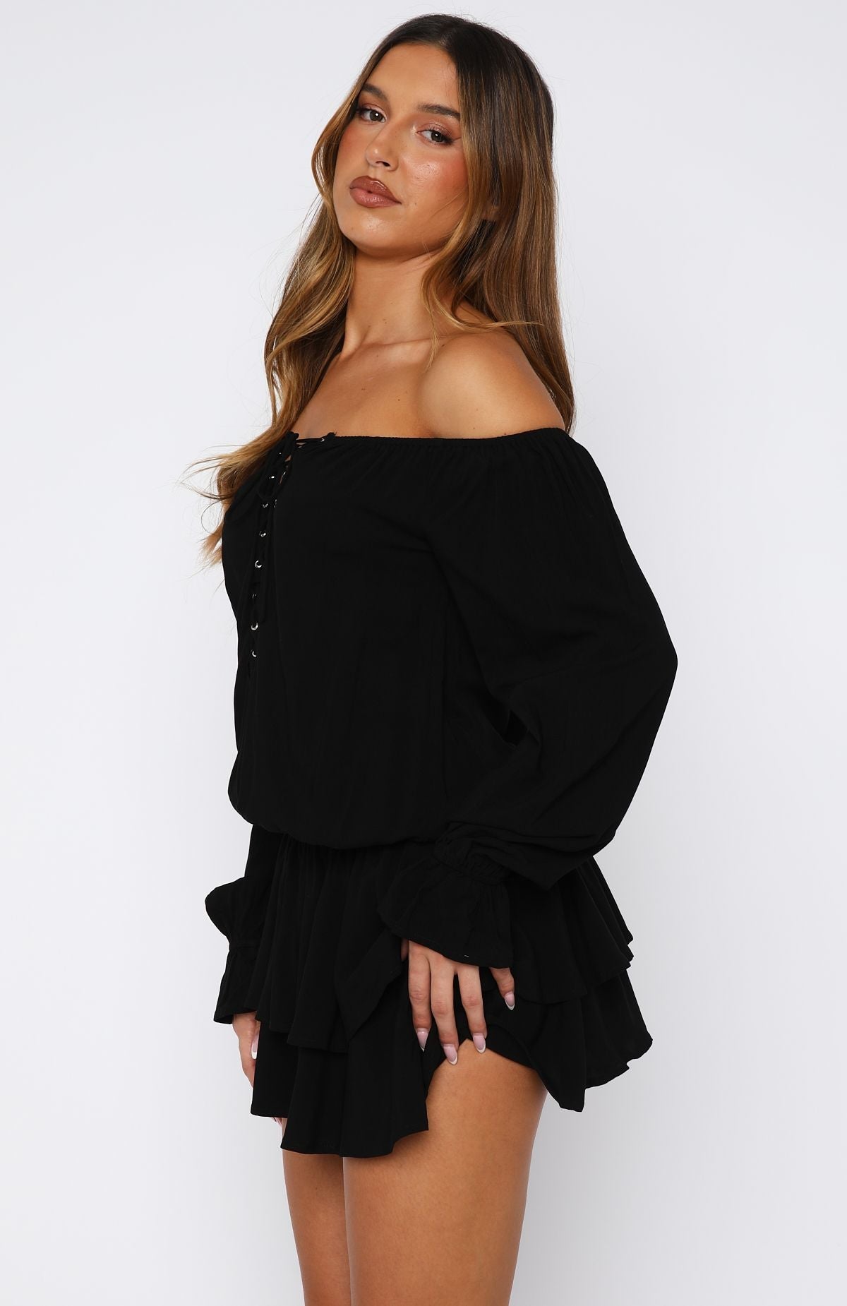 White Fox Let Me Long Sleeve Mini Dress Black